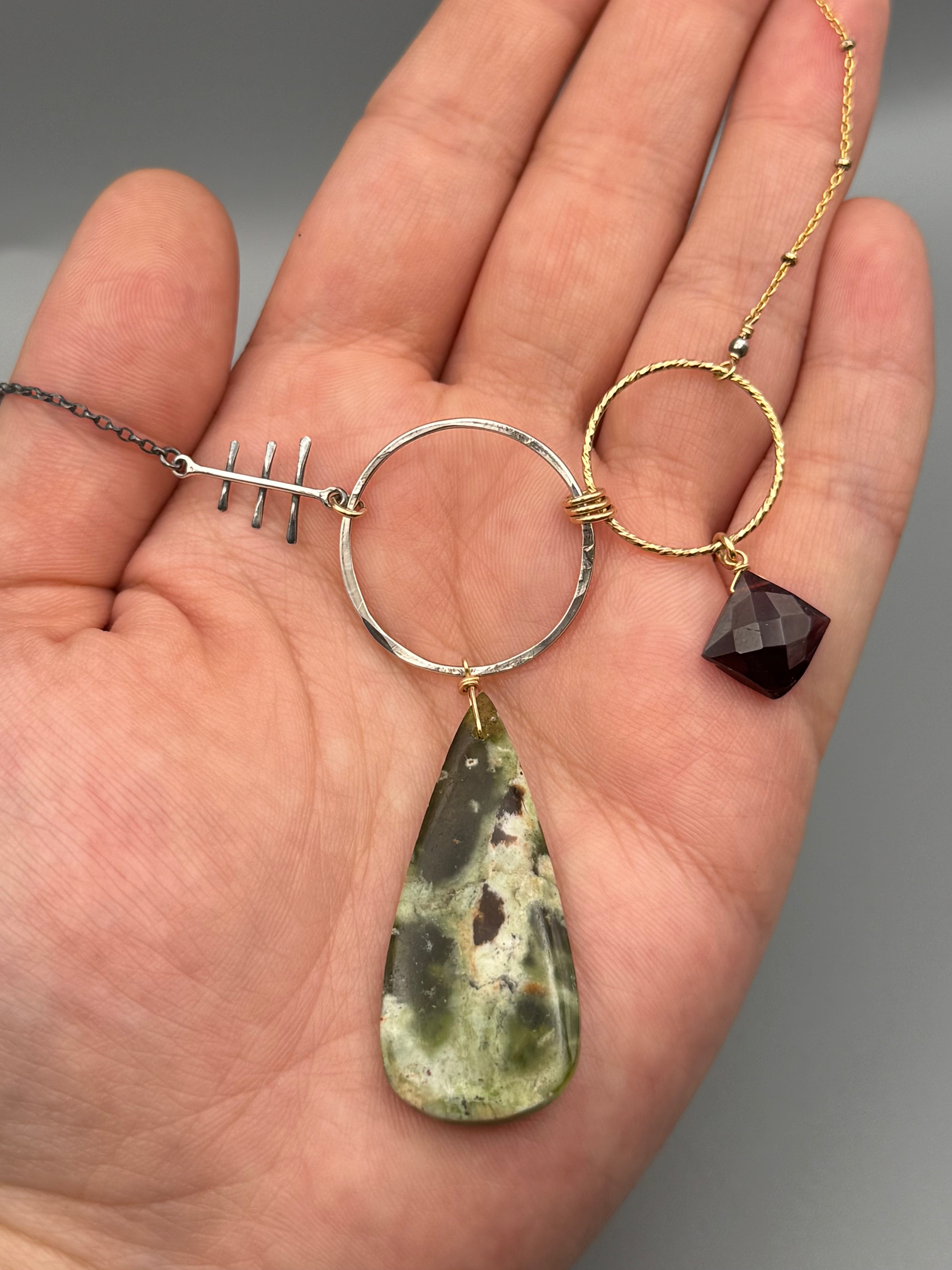 •UNION - INVOKE• chrome chalcedony + garnet mixed metal necklace (18"-20" long)