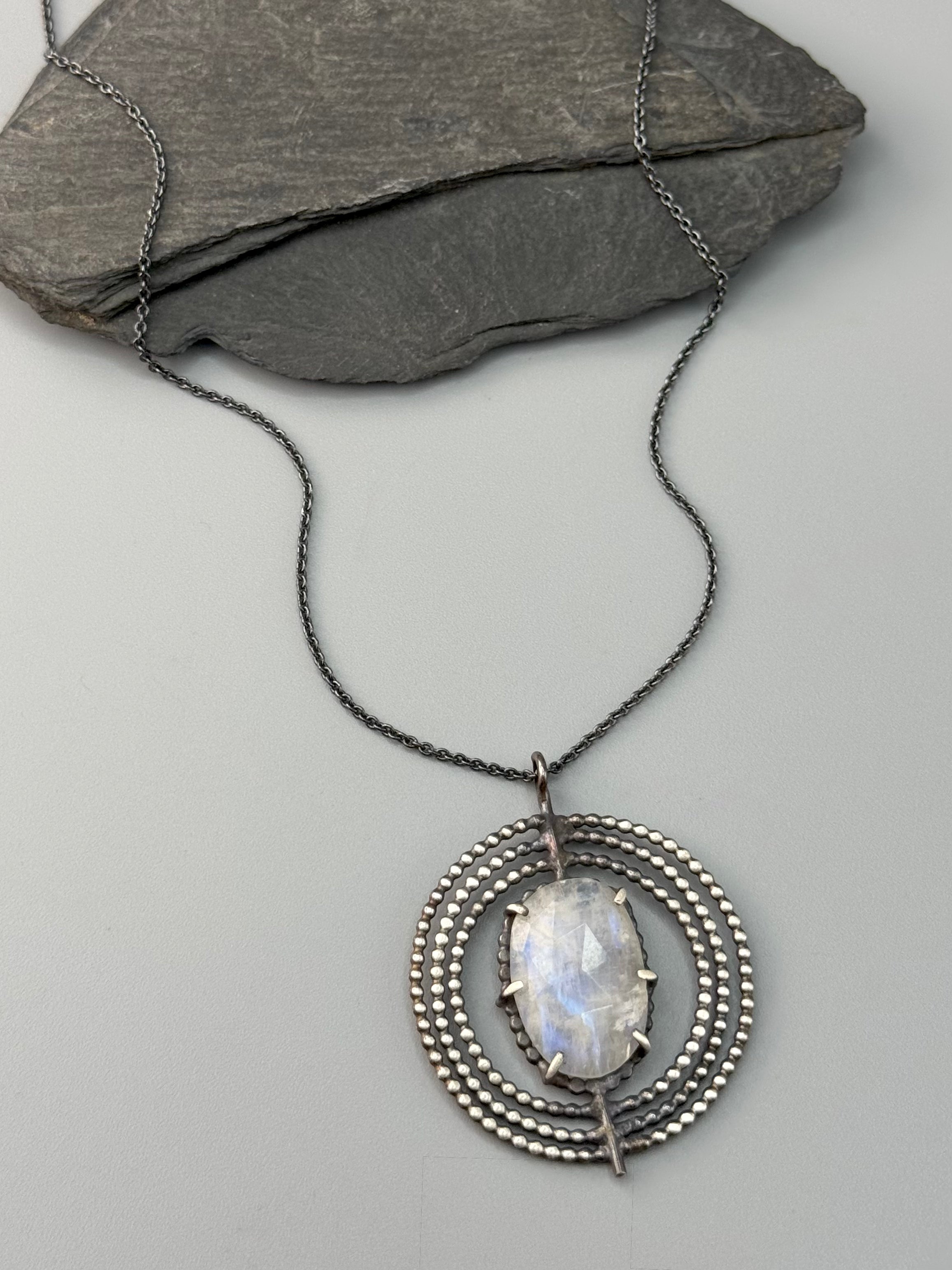 •INNER COMPASS• rainbow moonstone oval + silver necklace (18" long)