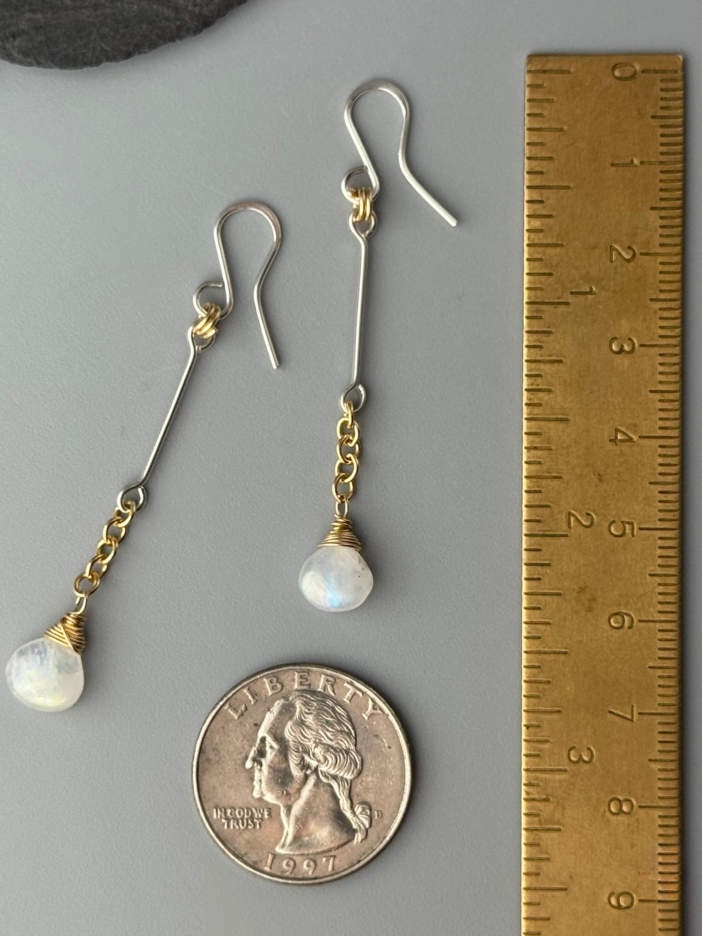 •LINEAR DROP• rainbow moonstone + mixed metal dangle earrings