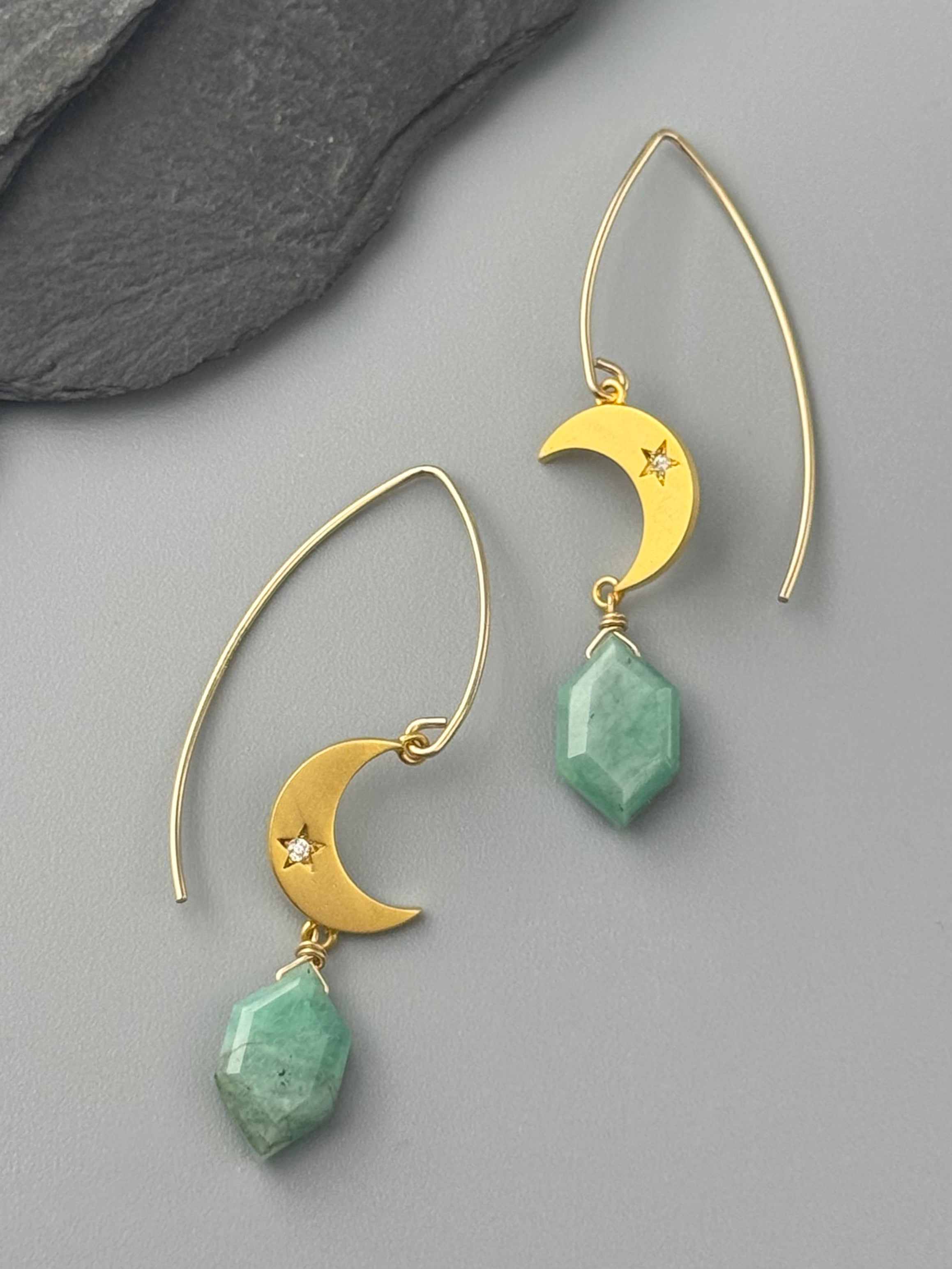 •CRYSTAL CRESCENT• emerald + gold earrings