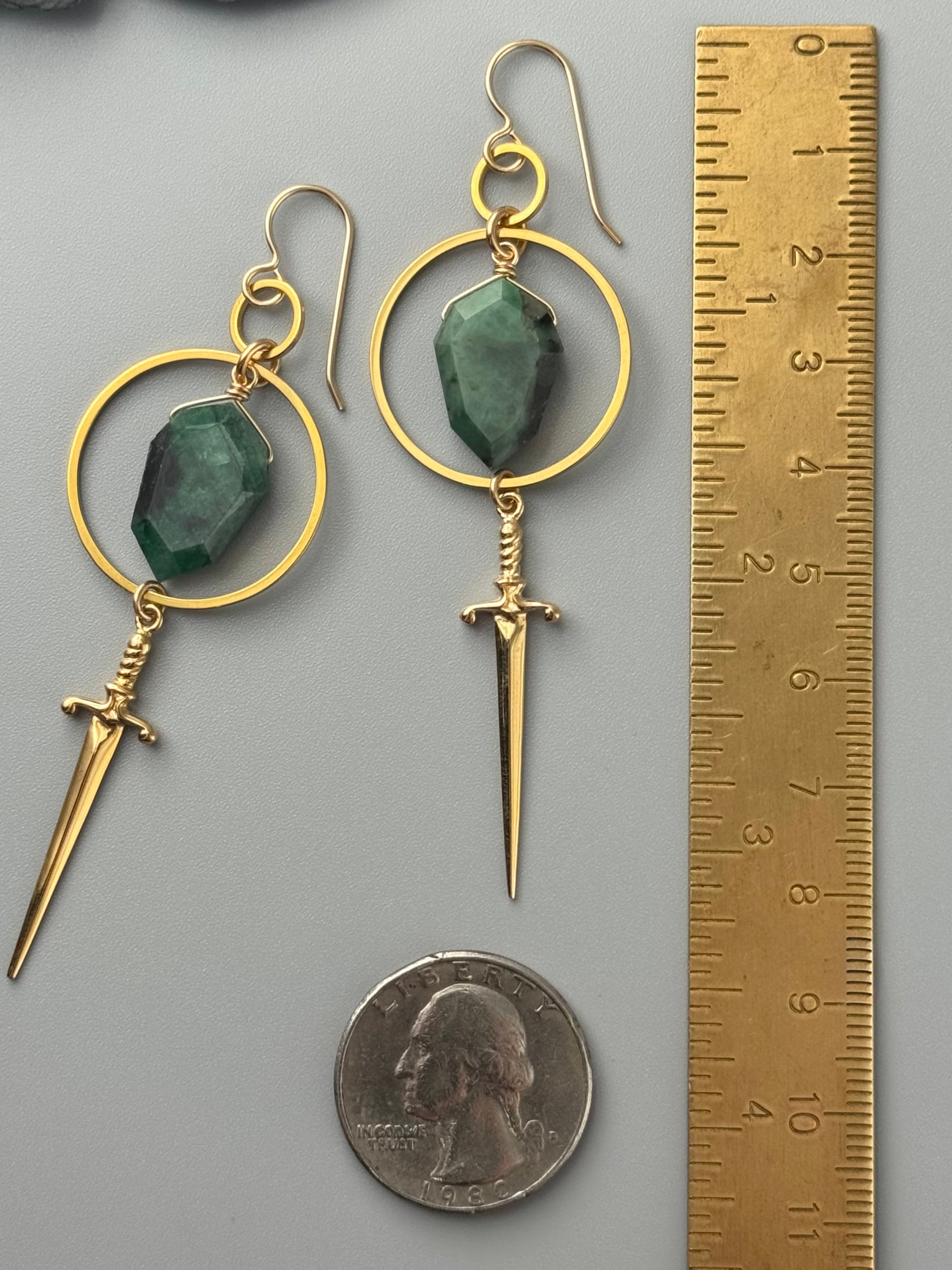 •DAGGER DUEL• emerald + gold earrings