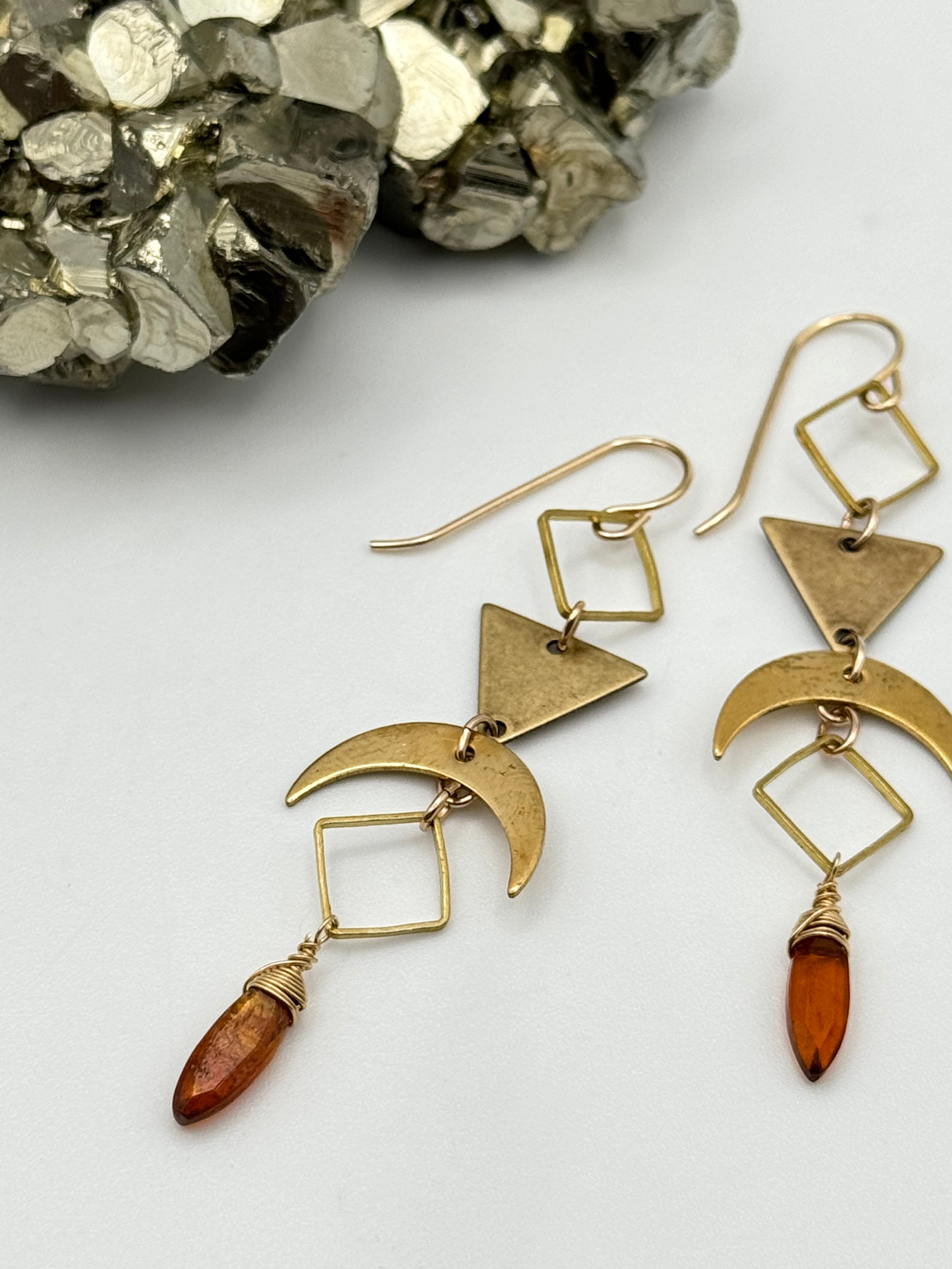 •GEO MOON DROP• orange kyanite + gold earrings