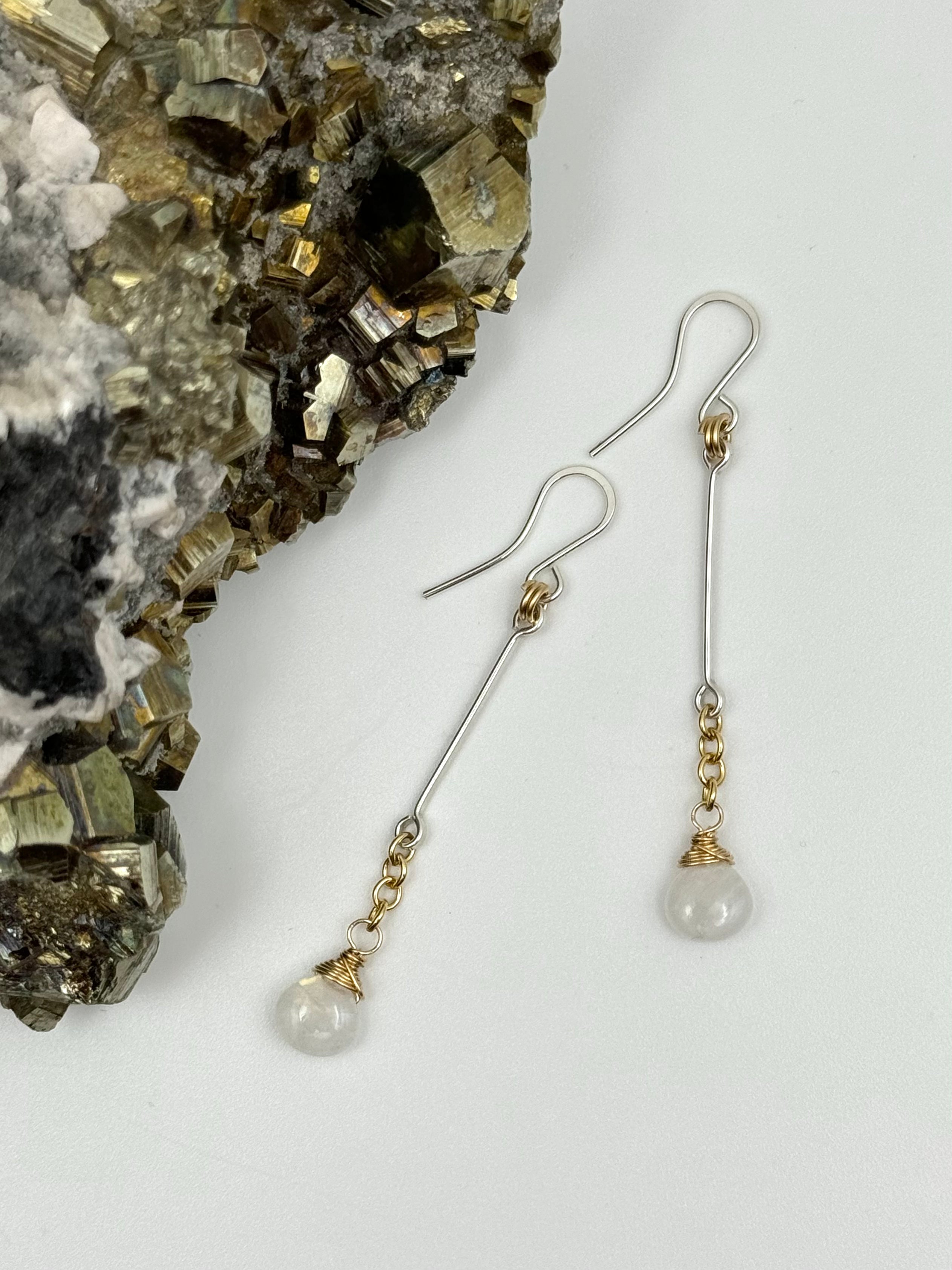 •LINEAR DROP• rainbow moonstone + mixed metal dangle earrings