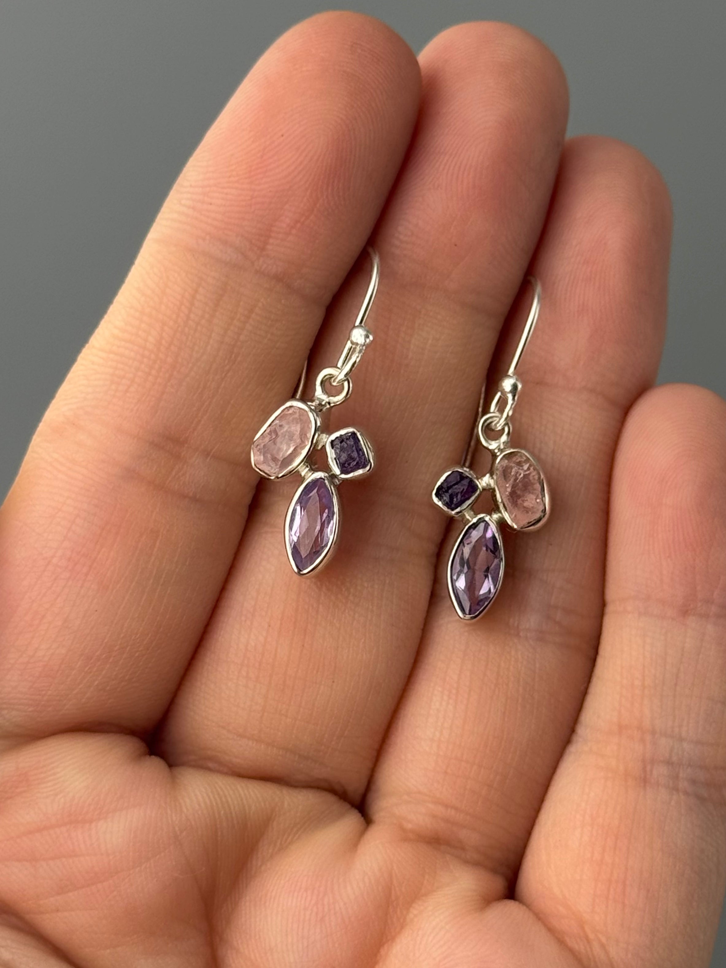 •AMETHYST + ROSE QUARTZ - MARQUISE STACK• silver dangle earrings