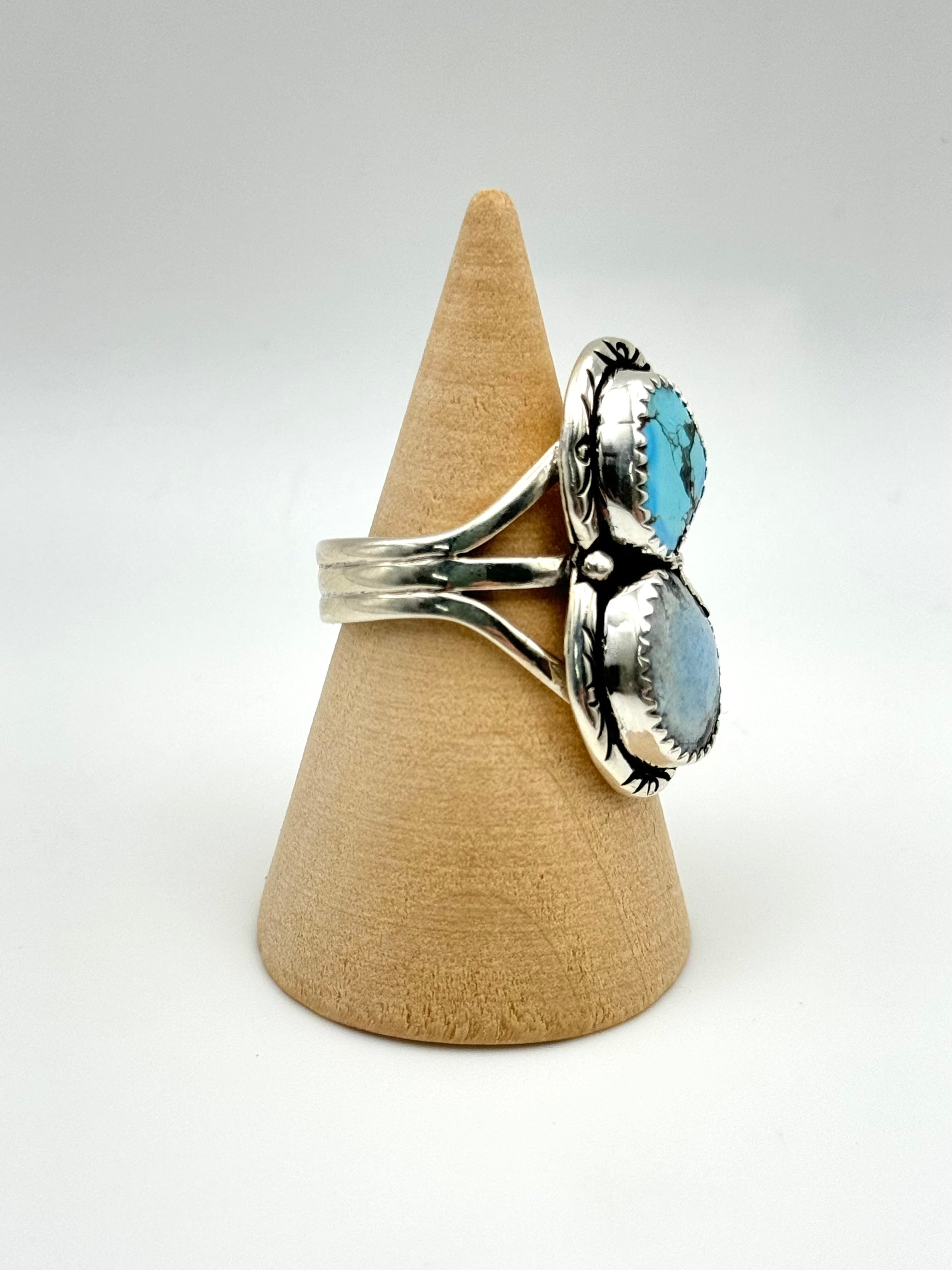 •GOLDEN HILL TURQUOISE• Navajo silver double stone ring (size 9.25)