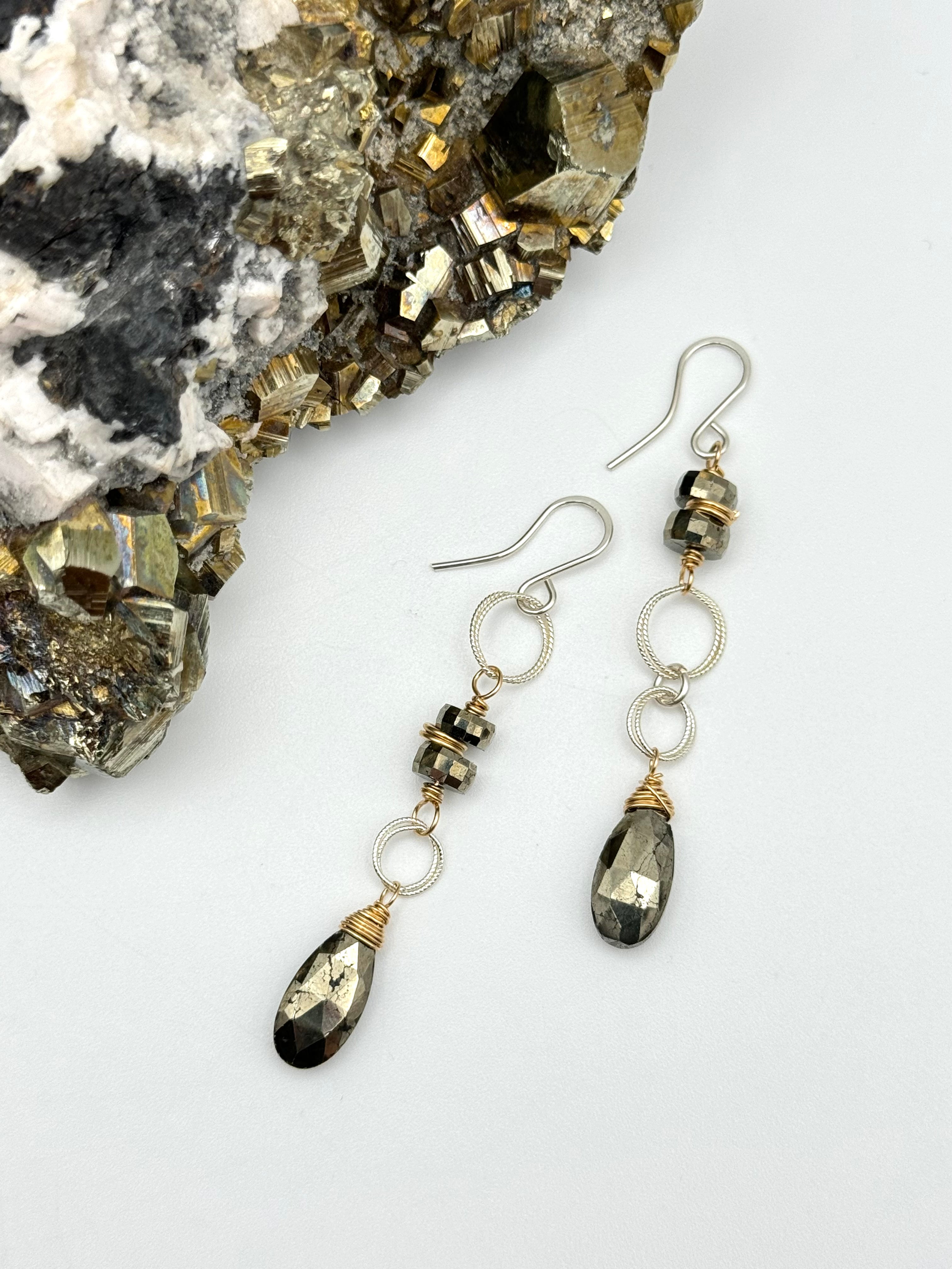 •ASYMMETRIC LINKED DROP• pyrite + mixed metal dangle earrings