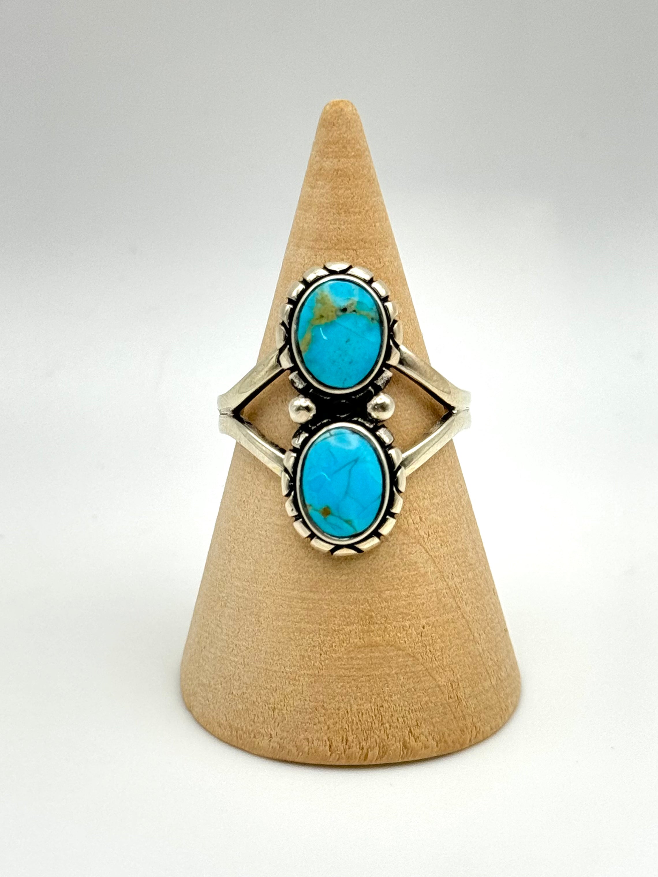 •BLUE RIDGE NEVADA TURQUOISE• Navajo silver double stone ring (size 9)