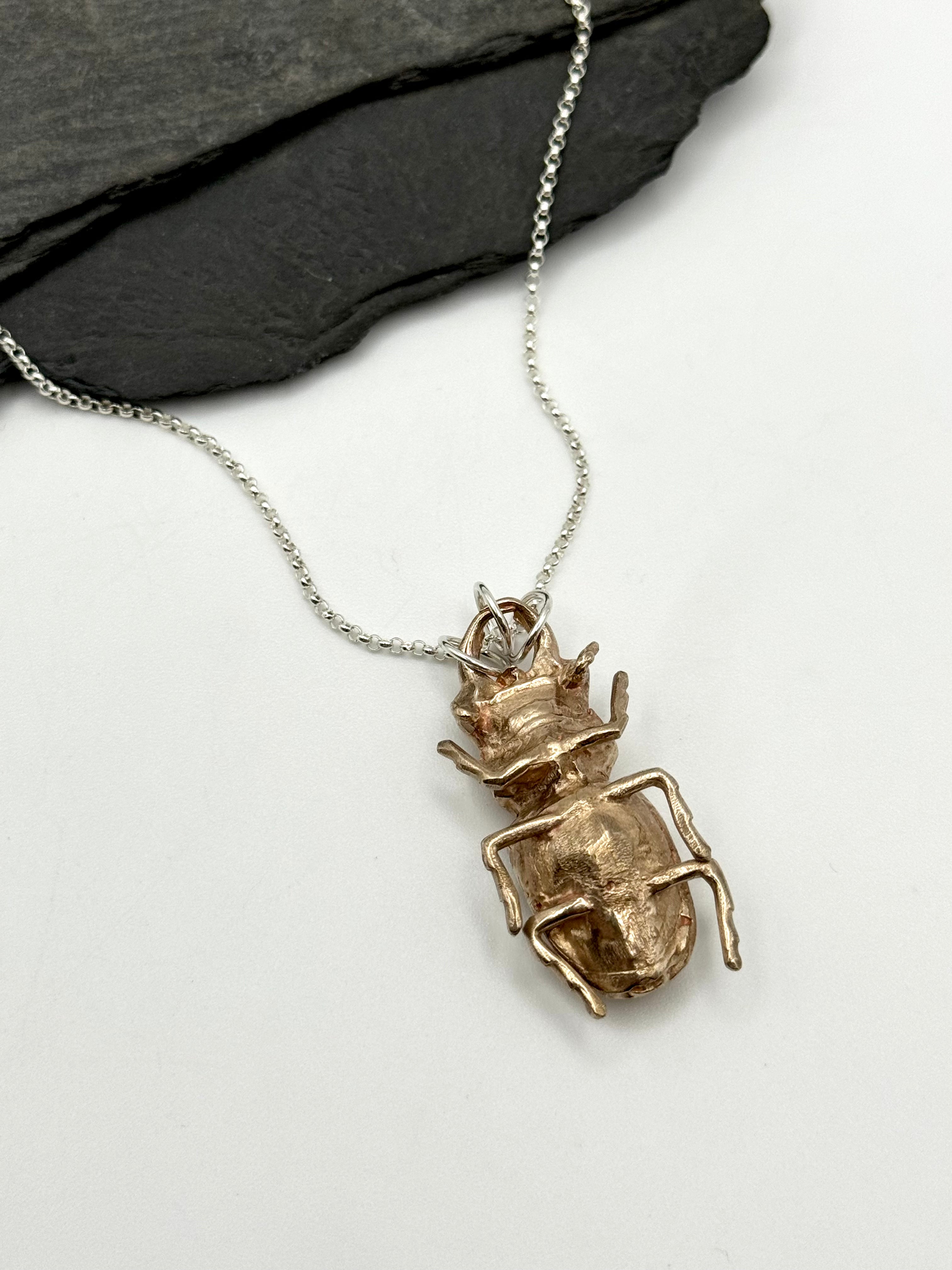 •STAG BEETLE CAST• bronze + silver necklace (26"-29" long)