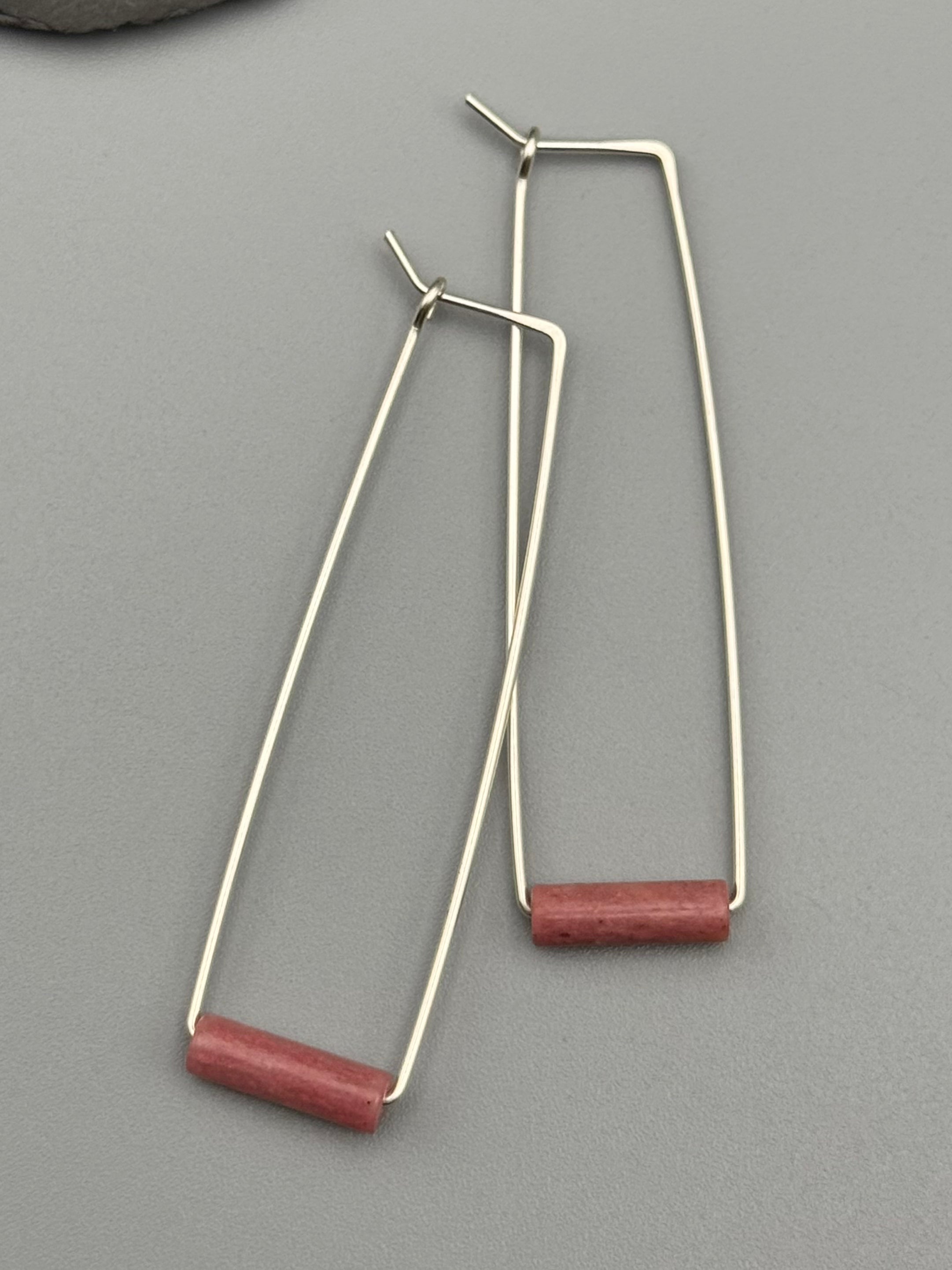•RECTANGLE TUBE HOOP• rhodonite + silver earrings