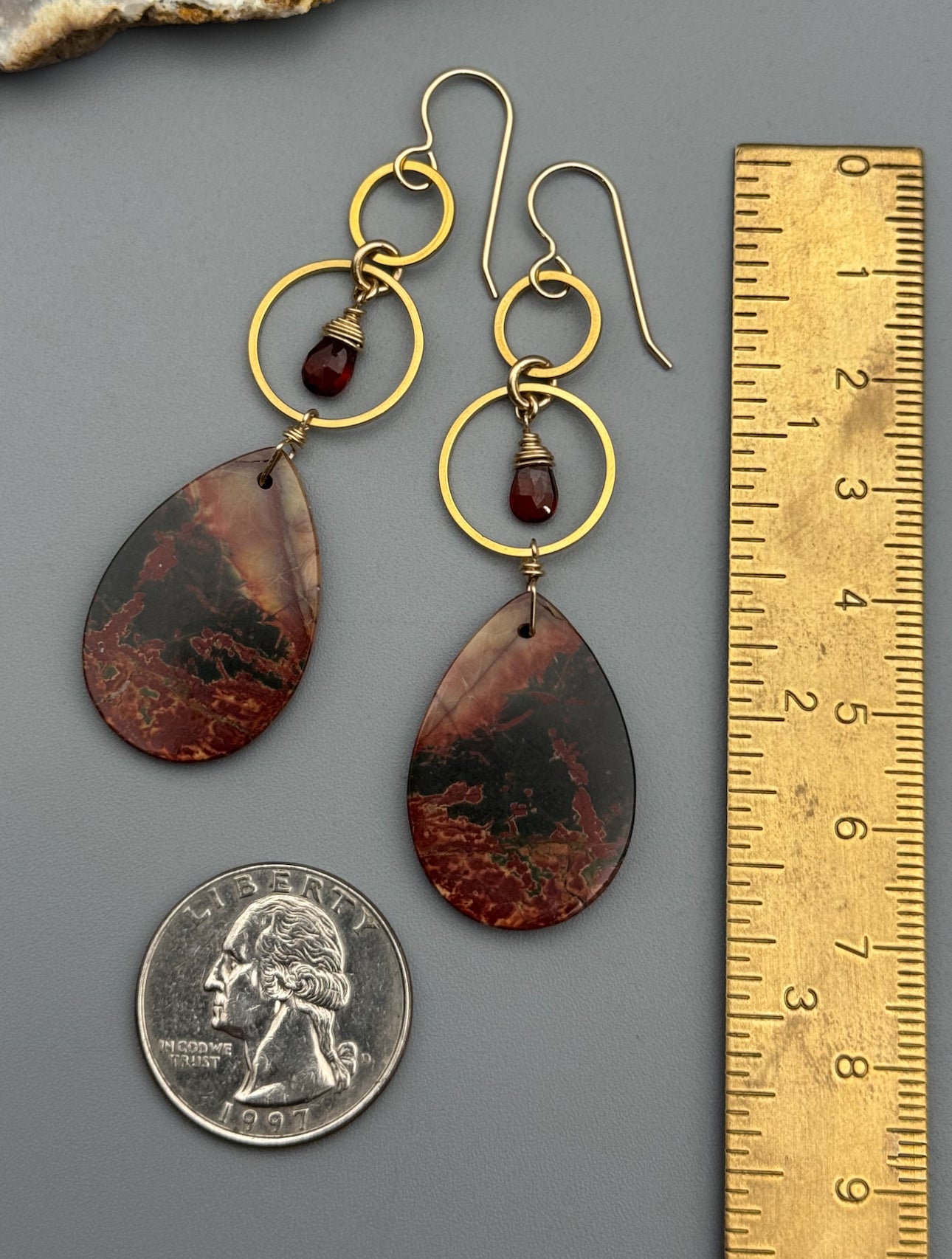 •EQUA-LUNA• hessonite garnet + red creek jasper gold earrings