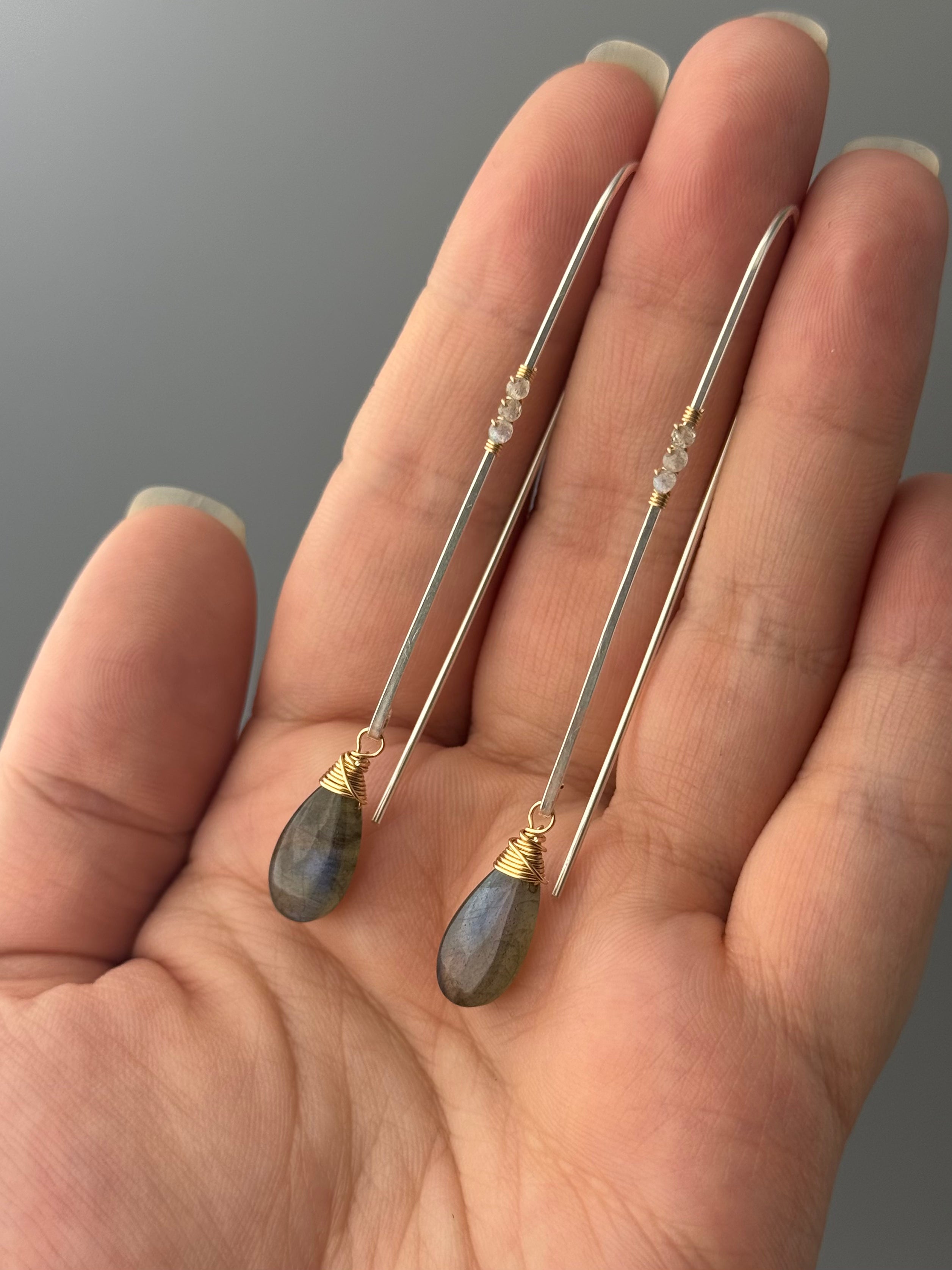 •SLENDER STORM THREADER• labradorite + mixed metal dangle earrings