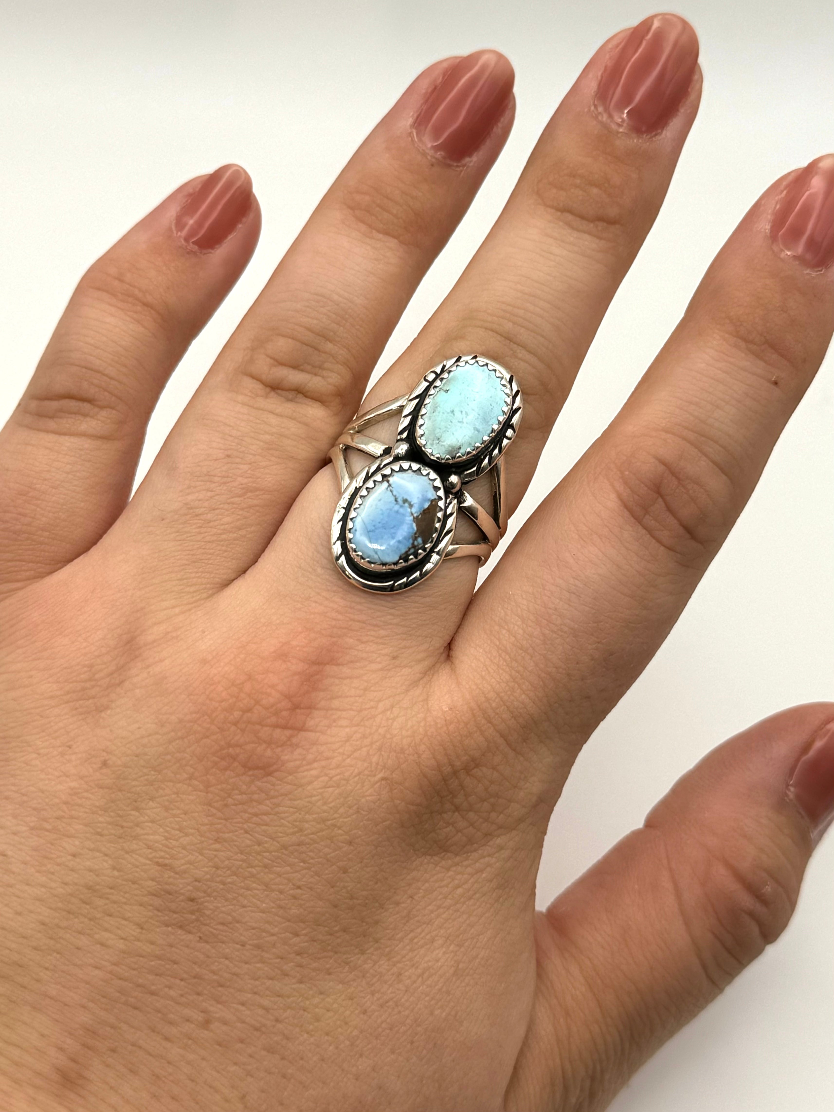 •GOLDEN HILL TURQUOISE - 3• Navajo silver double stone ring (size 9)