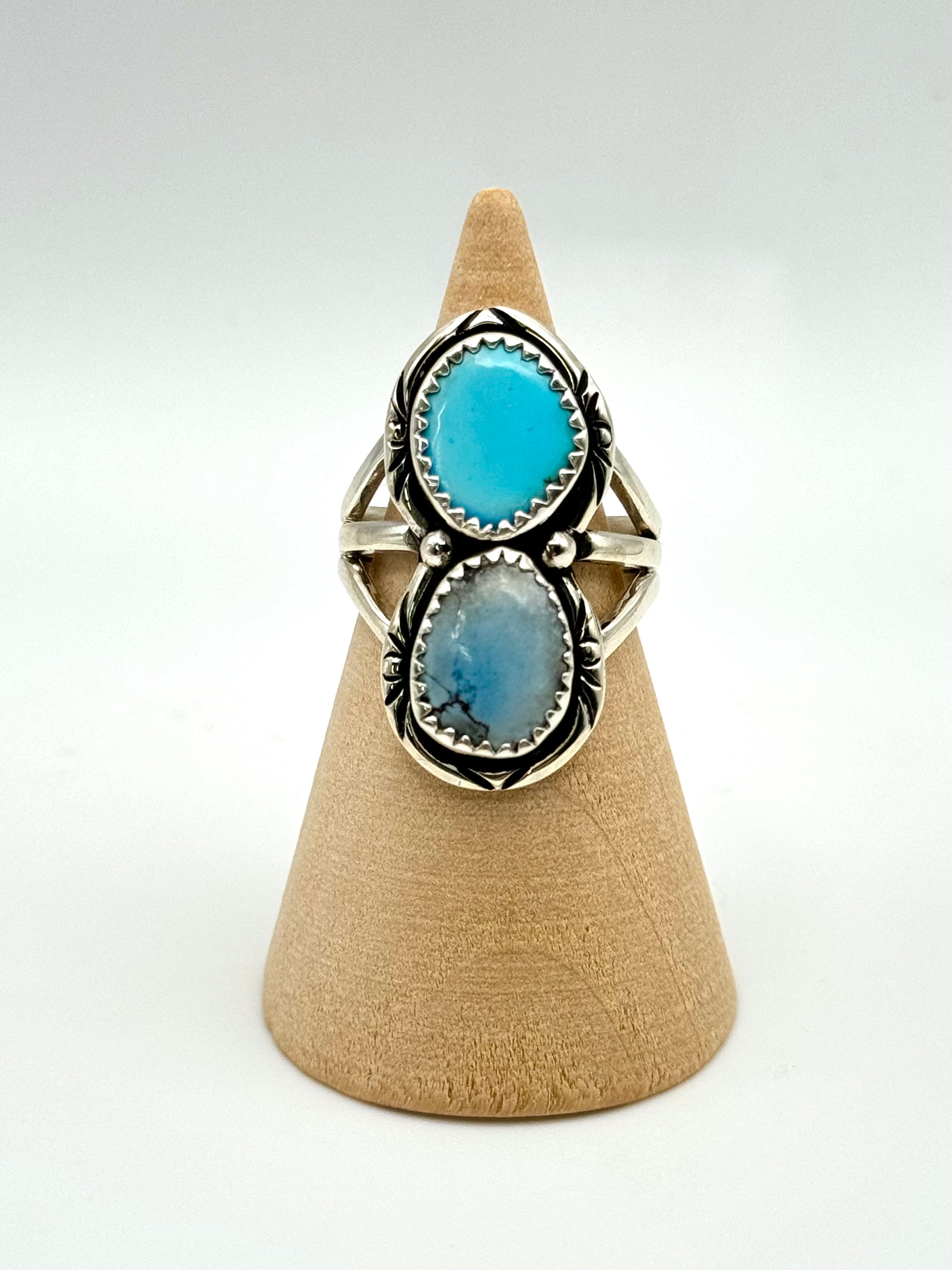 •GOLDEN HILL TURQUOISE - 4• Navajo silver double stone ring (size 6.5)