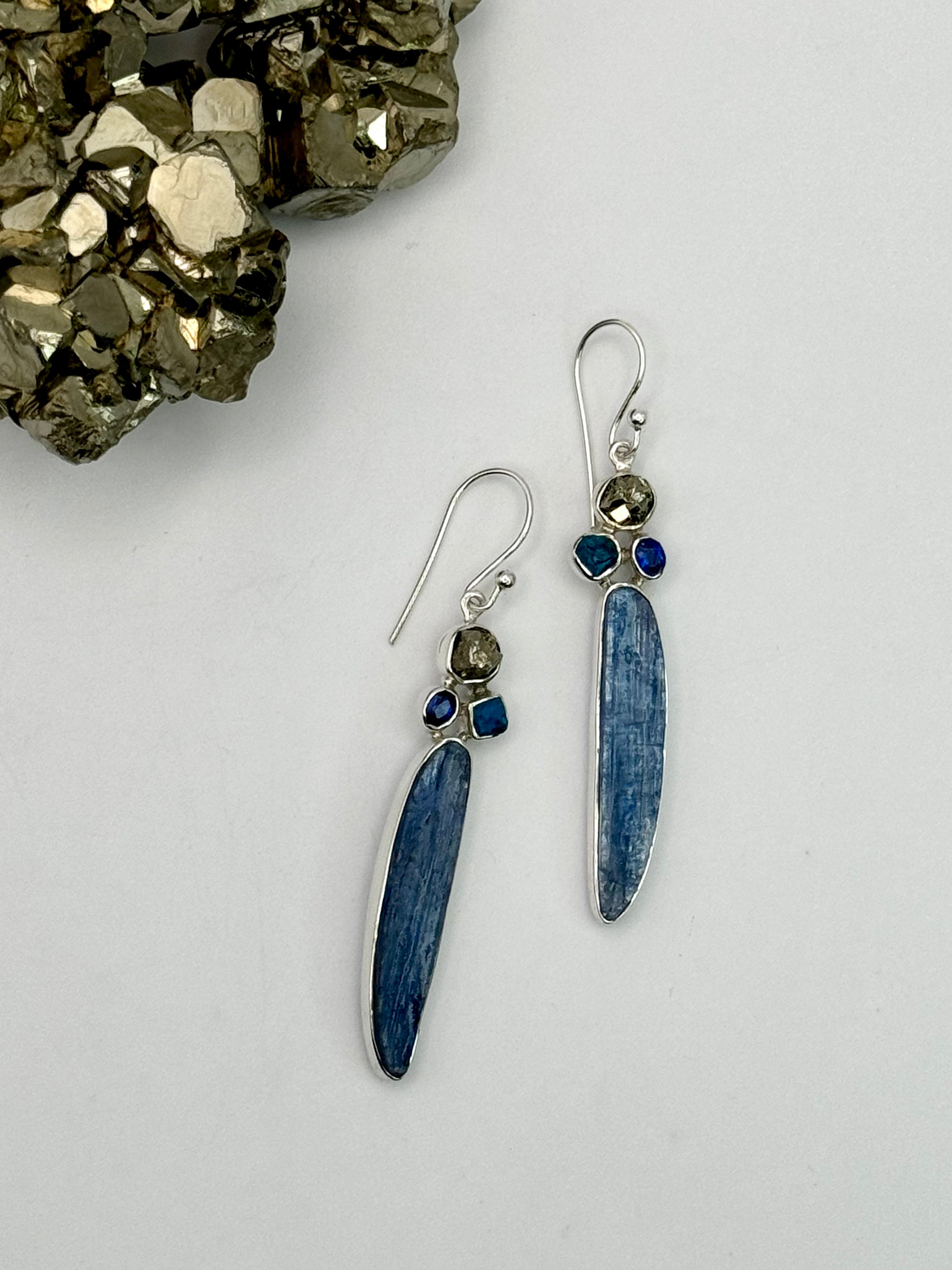 •KYANITE + PYRITE + APATITE• silver dangle earrings