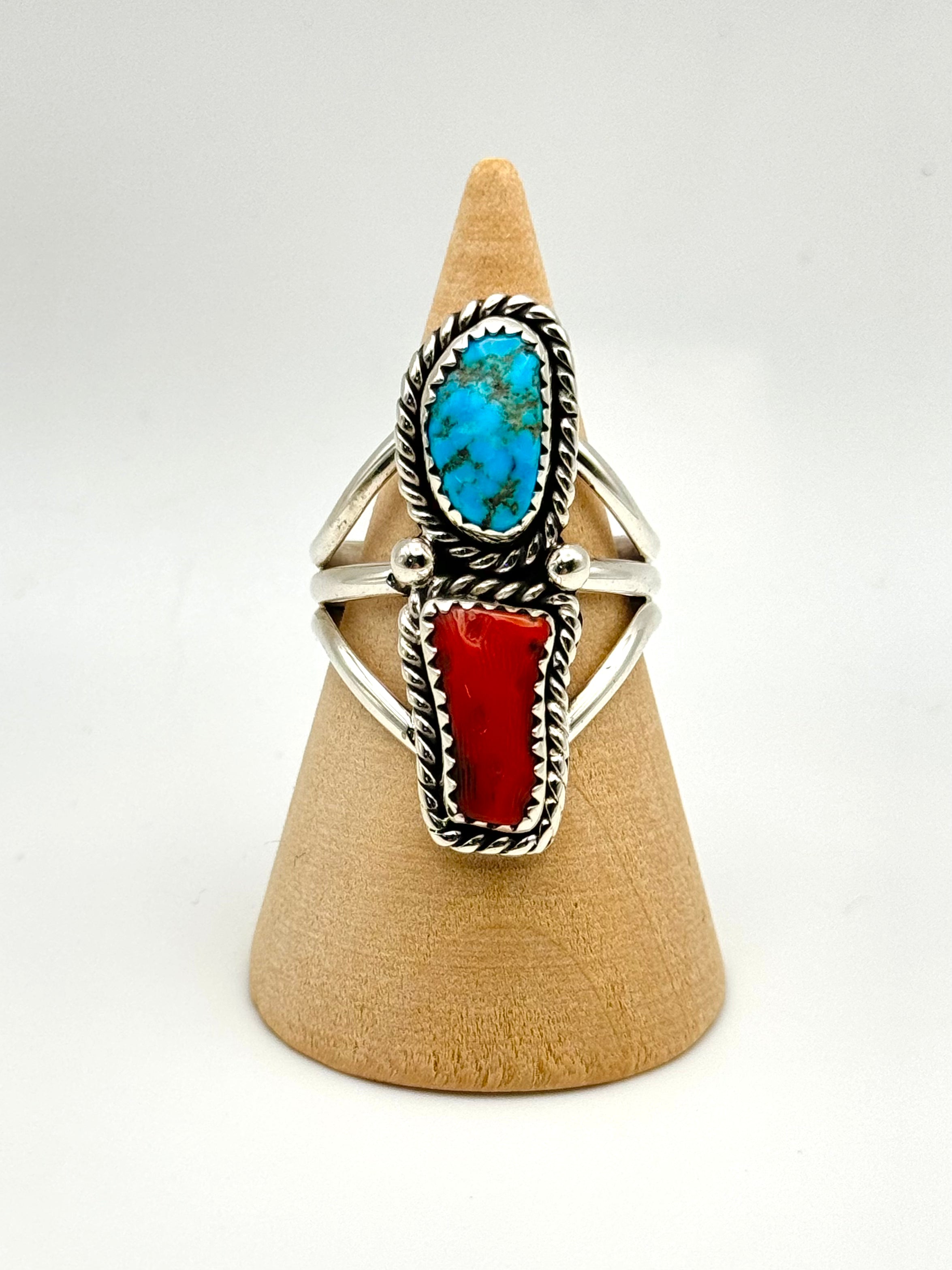 •SLEEPING BEAUTY TURQUOISE & CORAL• Navajo silver double stone ring (size 9.25)