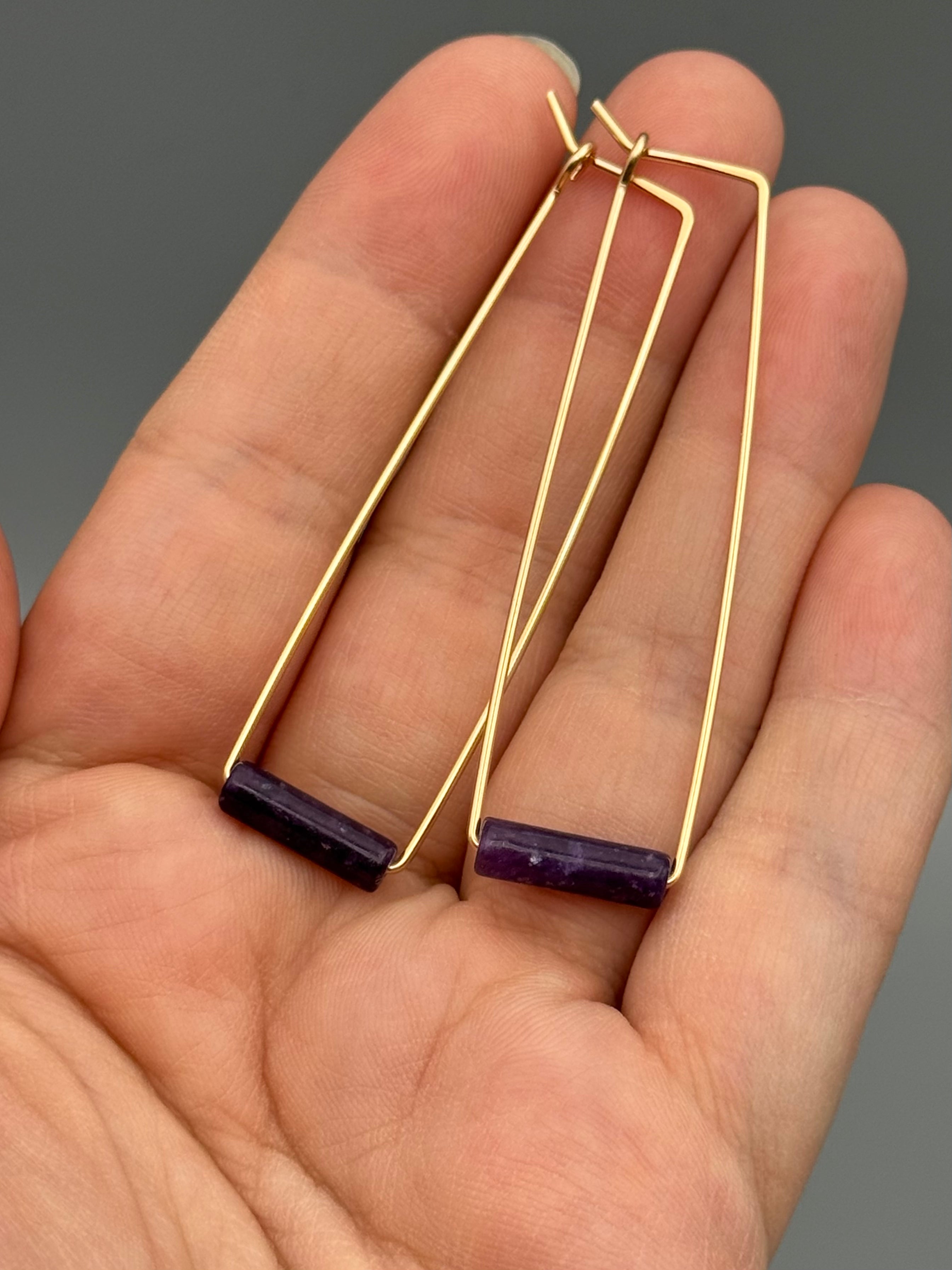 •RECTANGLE TUBE HOOP• amethyst + gold earrings