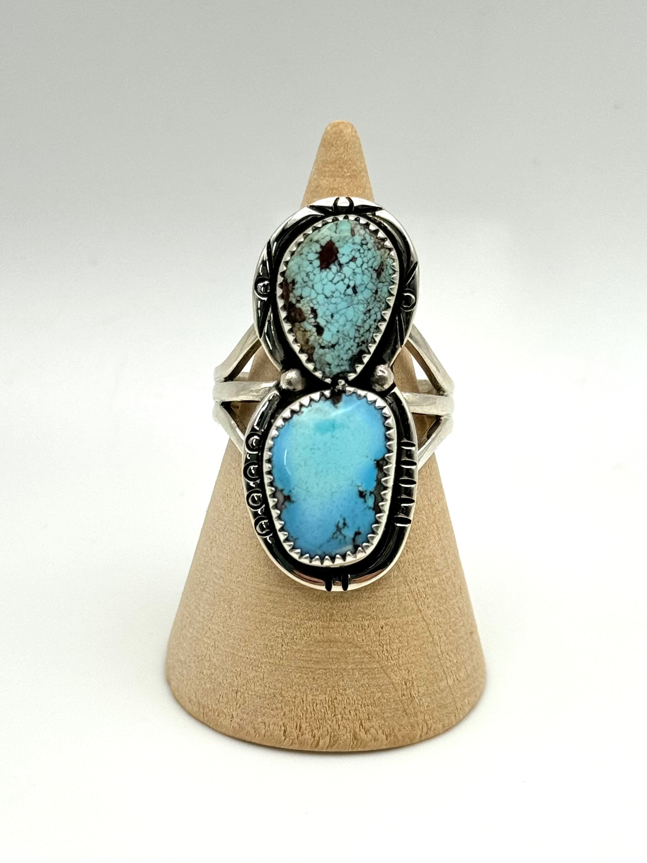 •GOLDEN HILL TURQUOISE - 4• Navajo silver double stone ring (size 9)