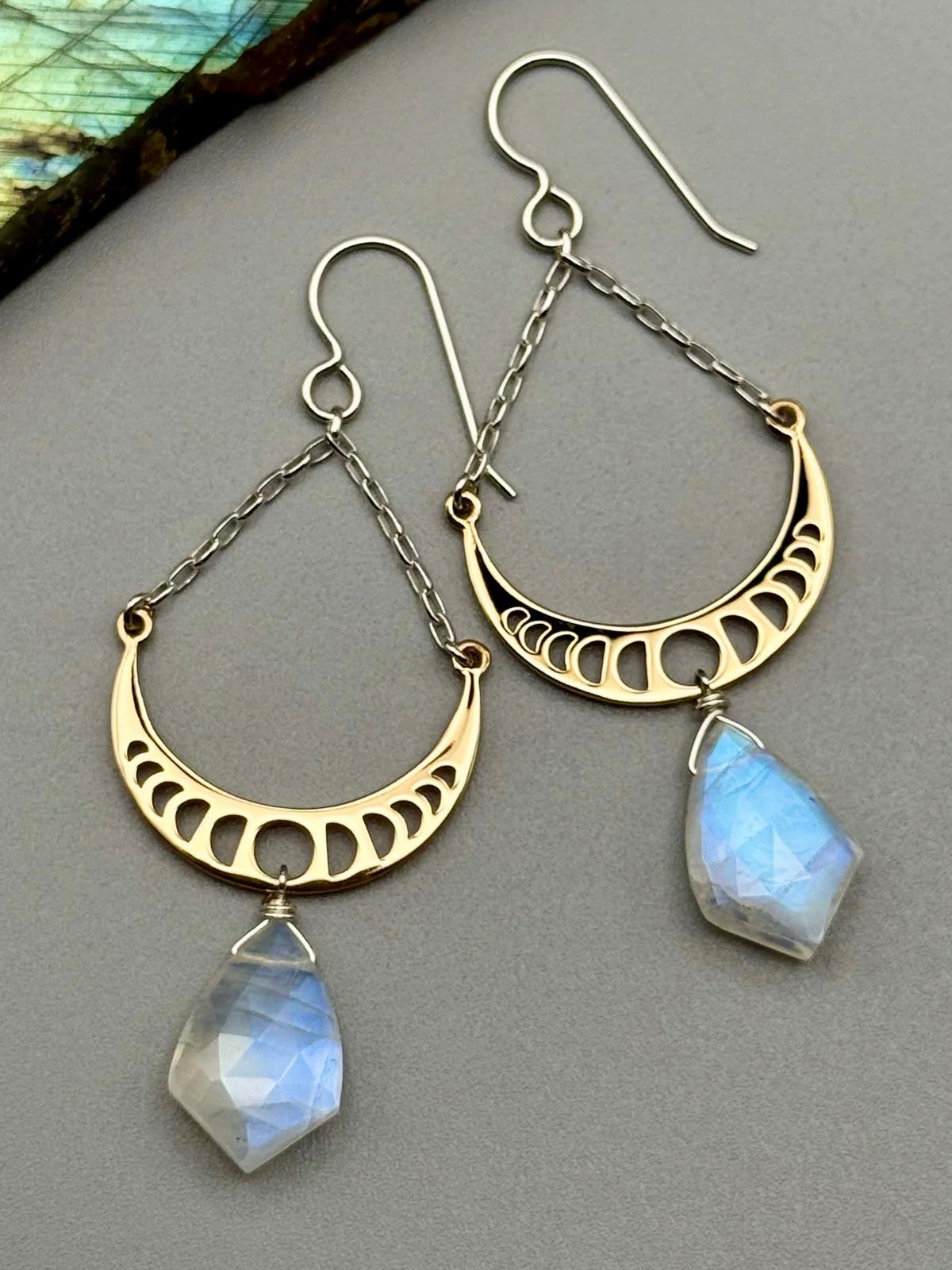 •MOON PHASE SWING• rainbow moonstone + mixed metal earrings
