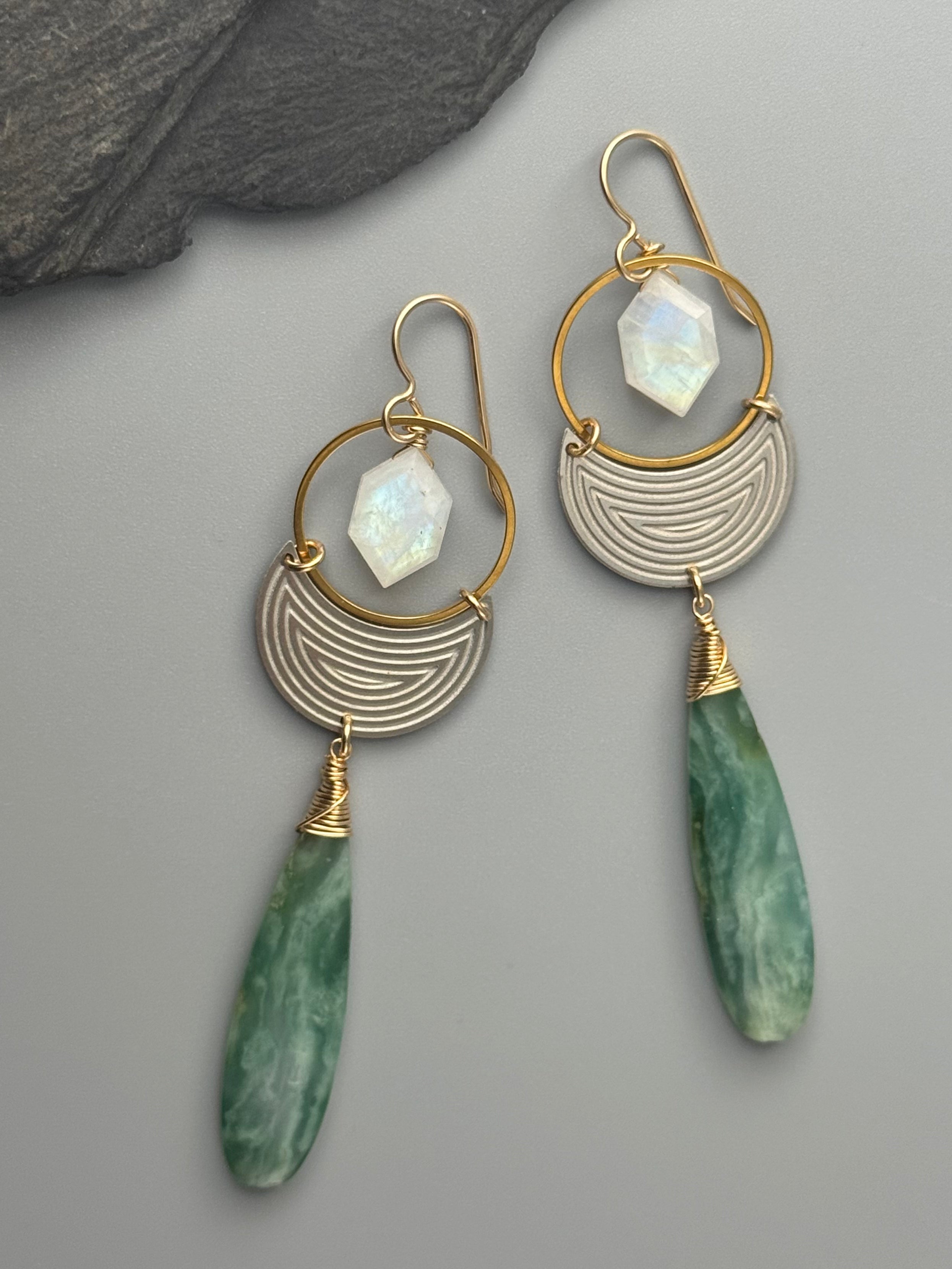 •MOON SHADOW• rainbow moonstone + jade mixed metal earrings