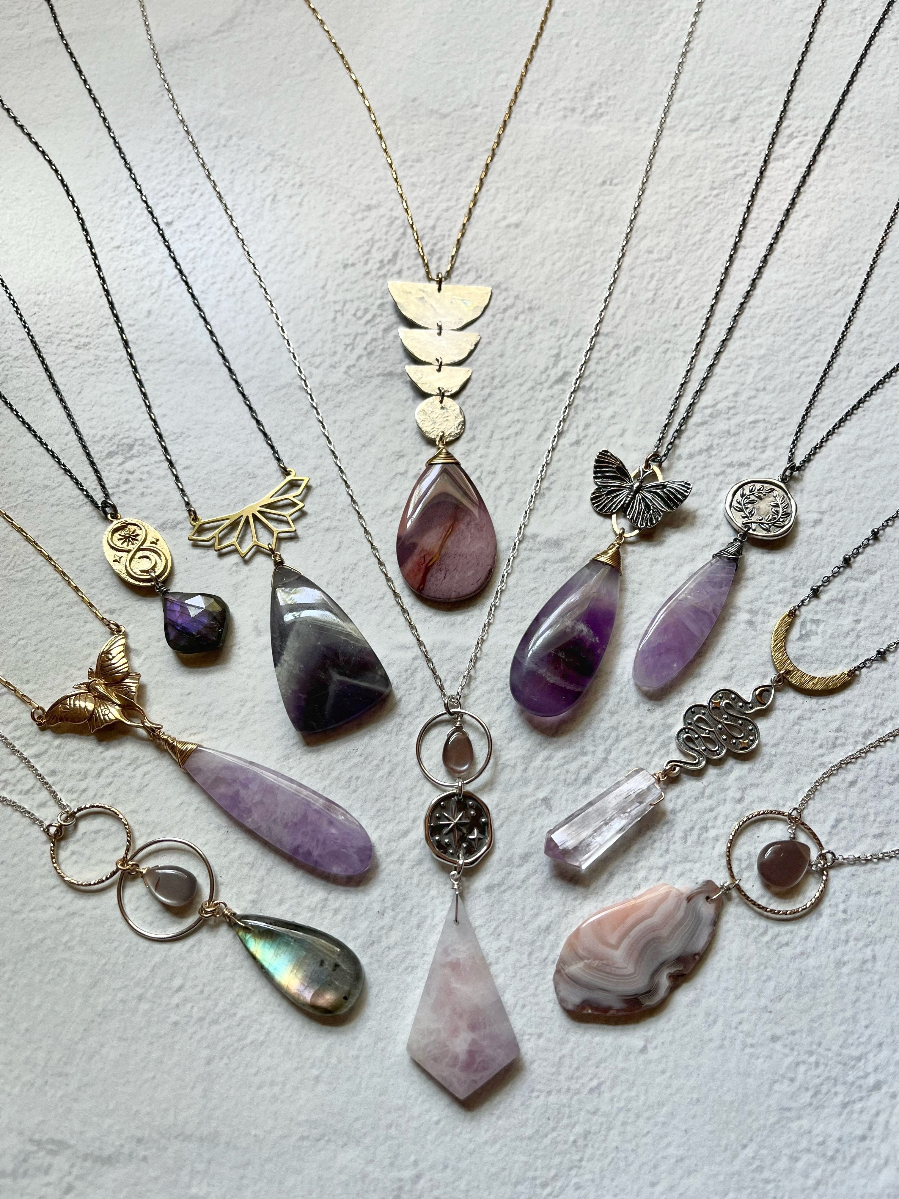 •GUIDE• pink amethyst + luna moth + mixed metal necklace (18"-20")