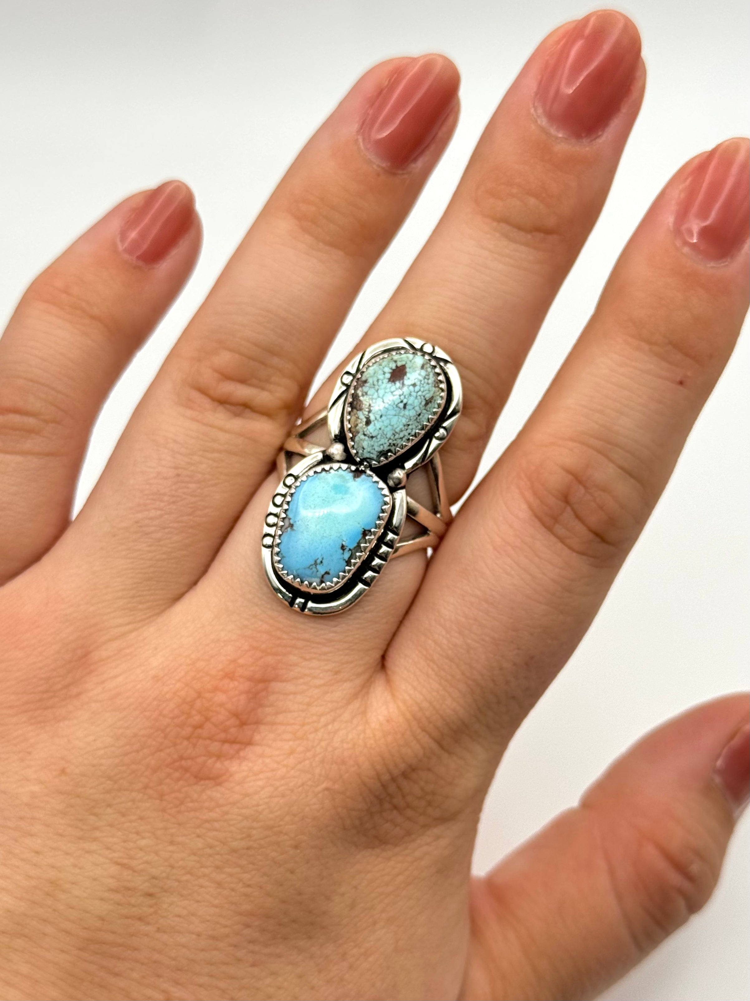 •GOLDEN HILL TURQUOISE - 4• Navajo silver double stone ring (size 9)