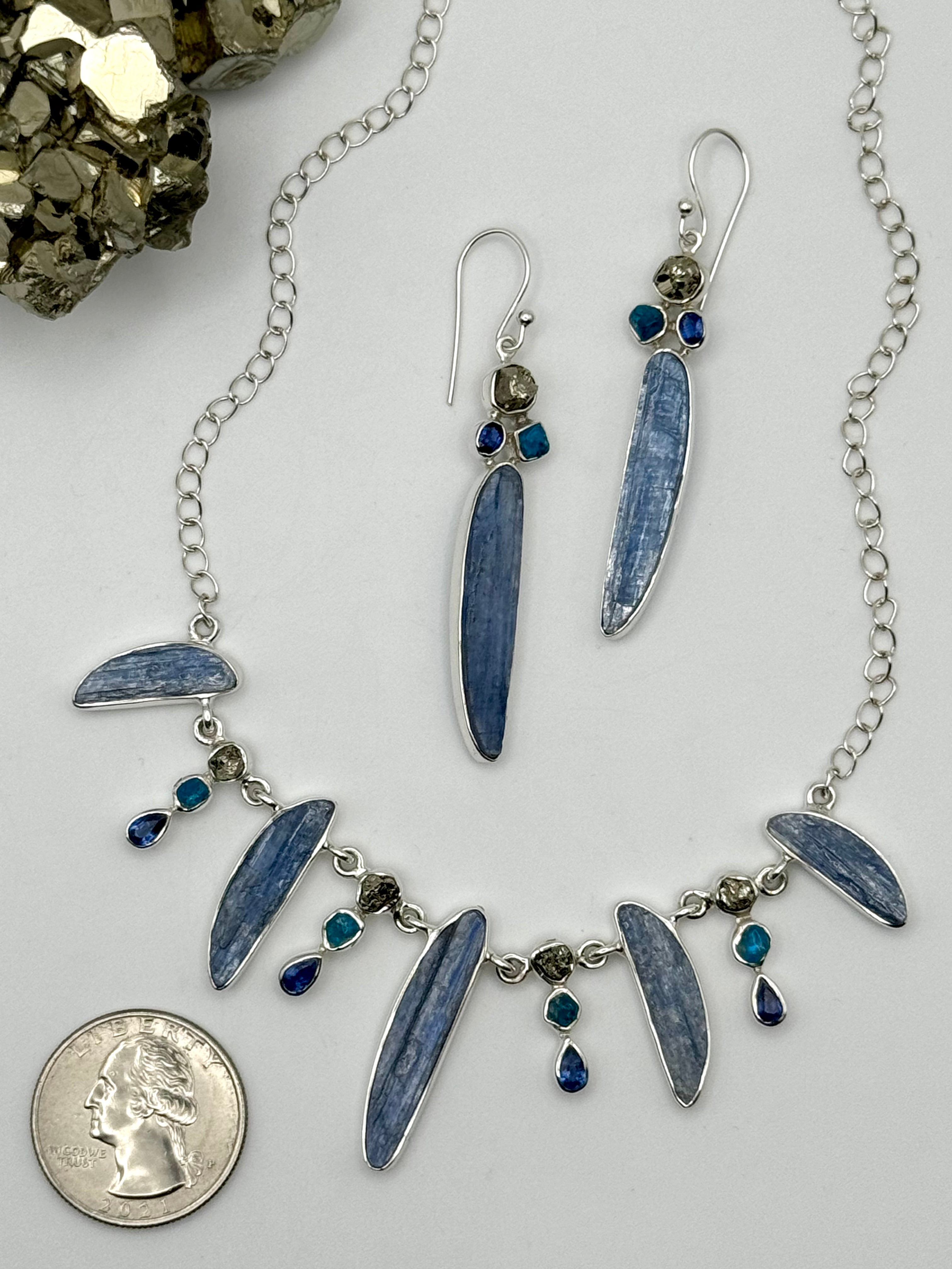 •KYANITE + PYRITE + APATITE• silver dangle earrings