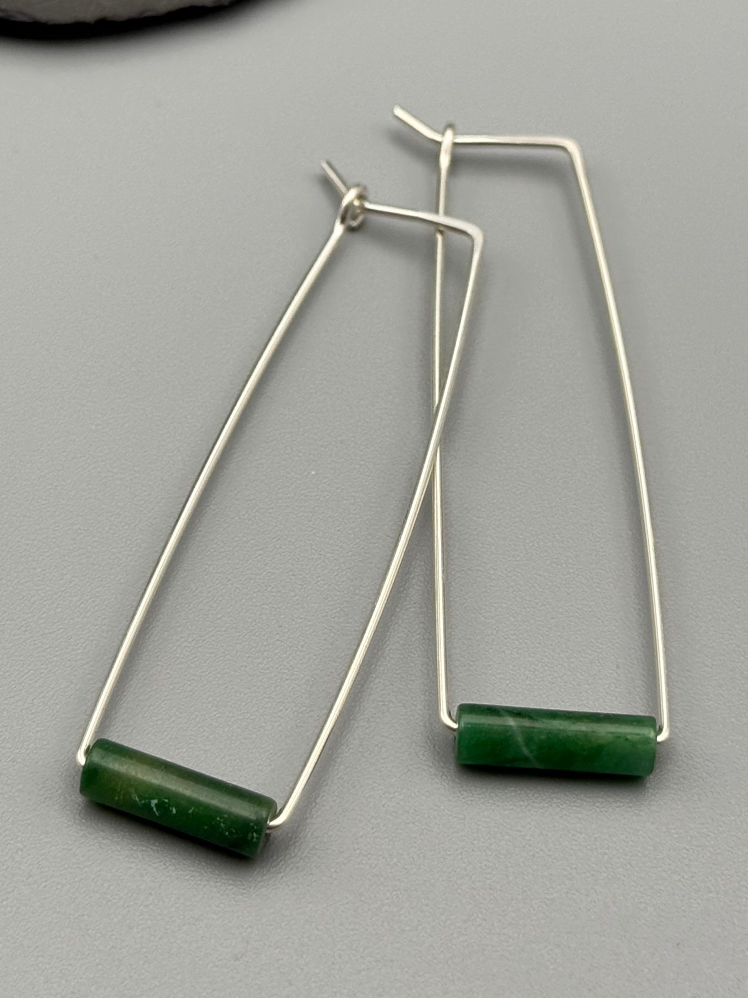 •RECTANGLE TUBE HOOP• jade + silver earrings