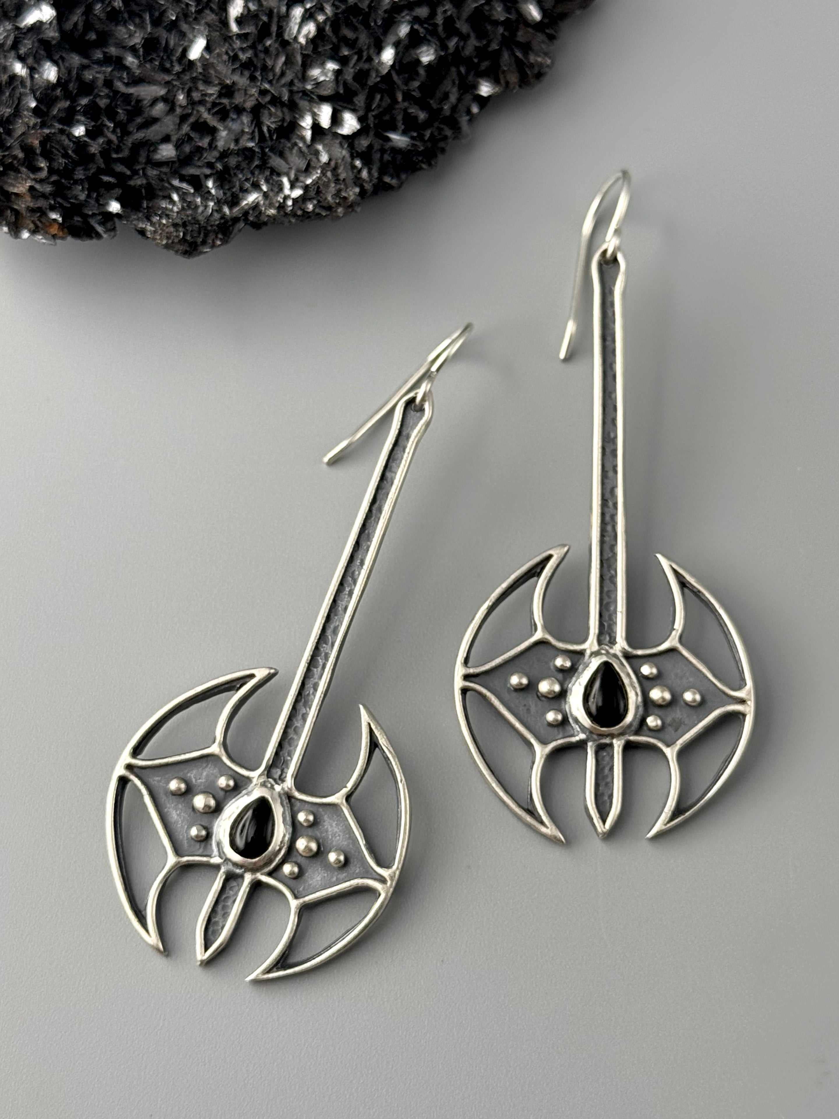 •BATTLE AXE• onyx + silver dangle earrings