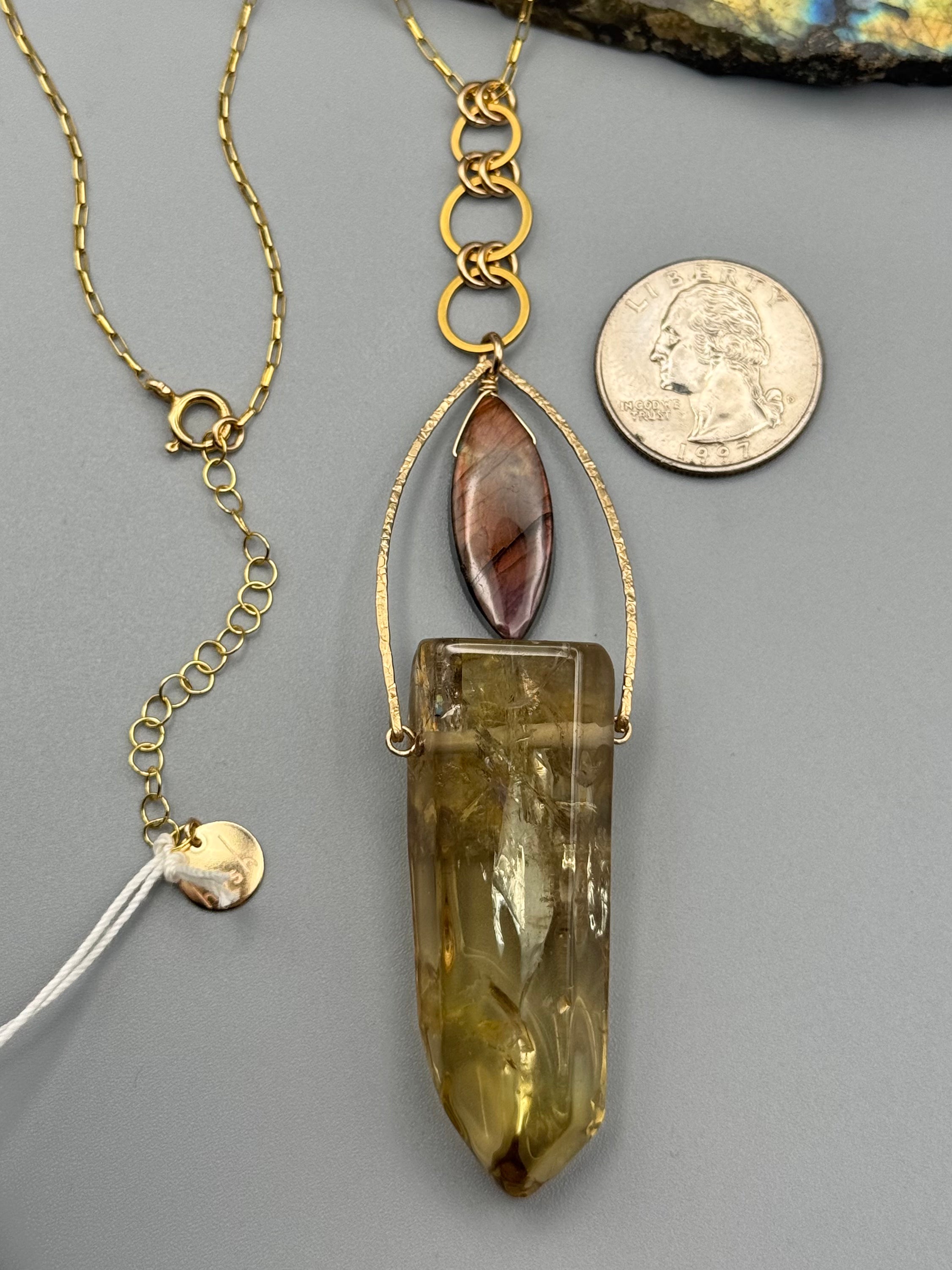 •AEON• labradorite + brazilian quartz gold necklace (26"-28" long)