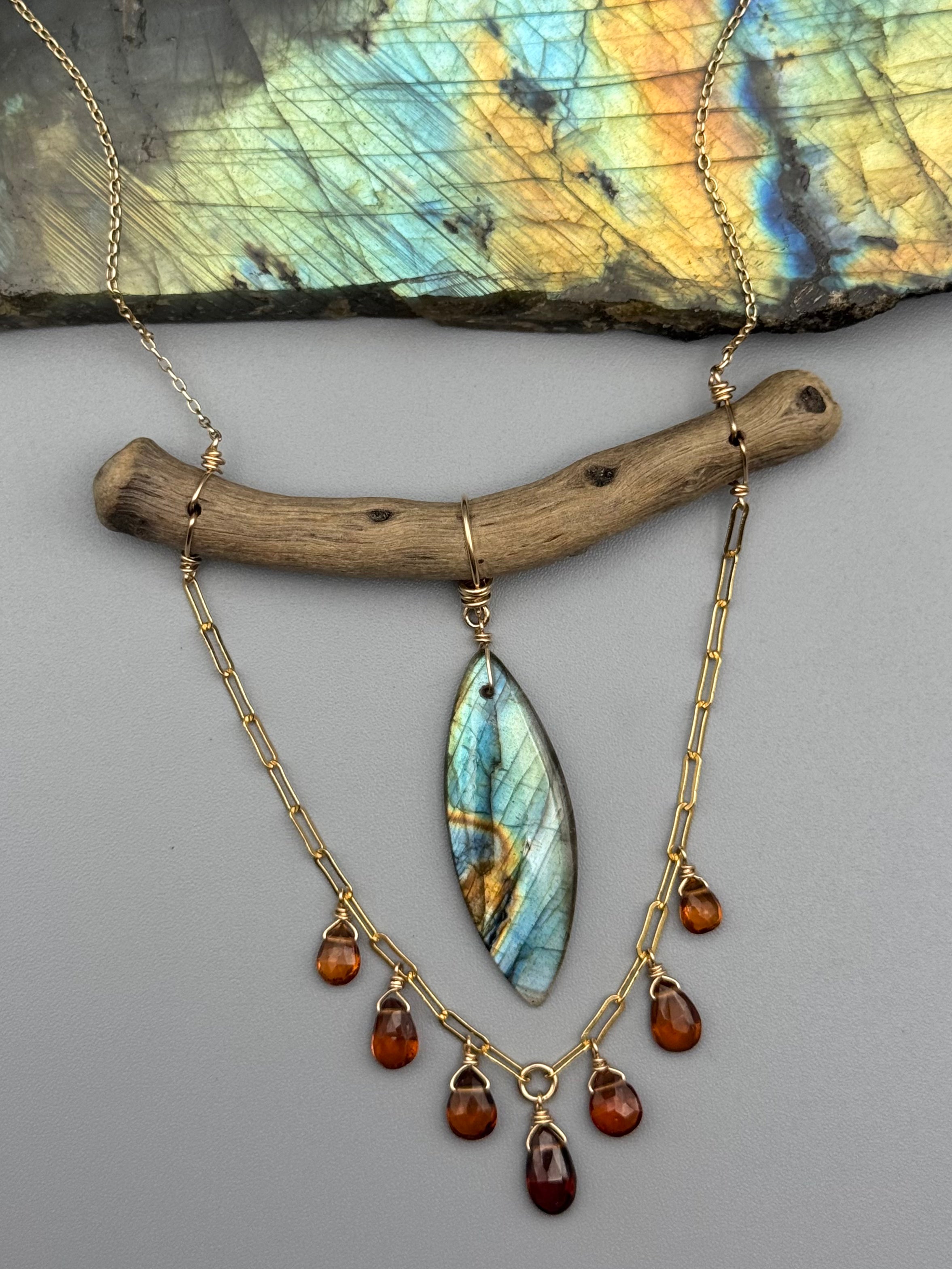 •TOTEM• labradorite + hessonite garnet gold necklace (16"-18" long)