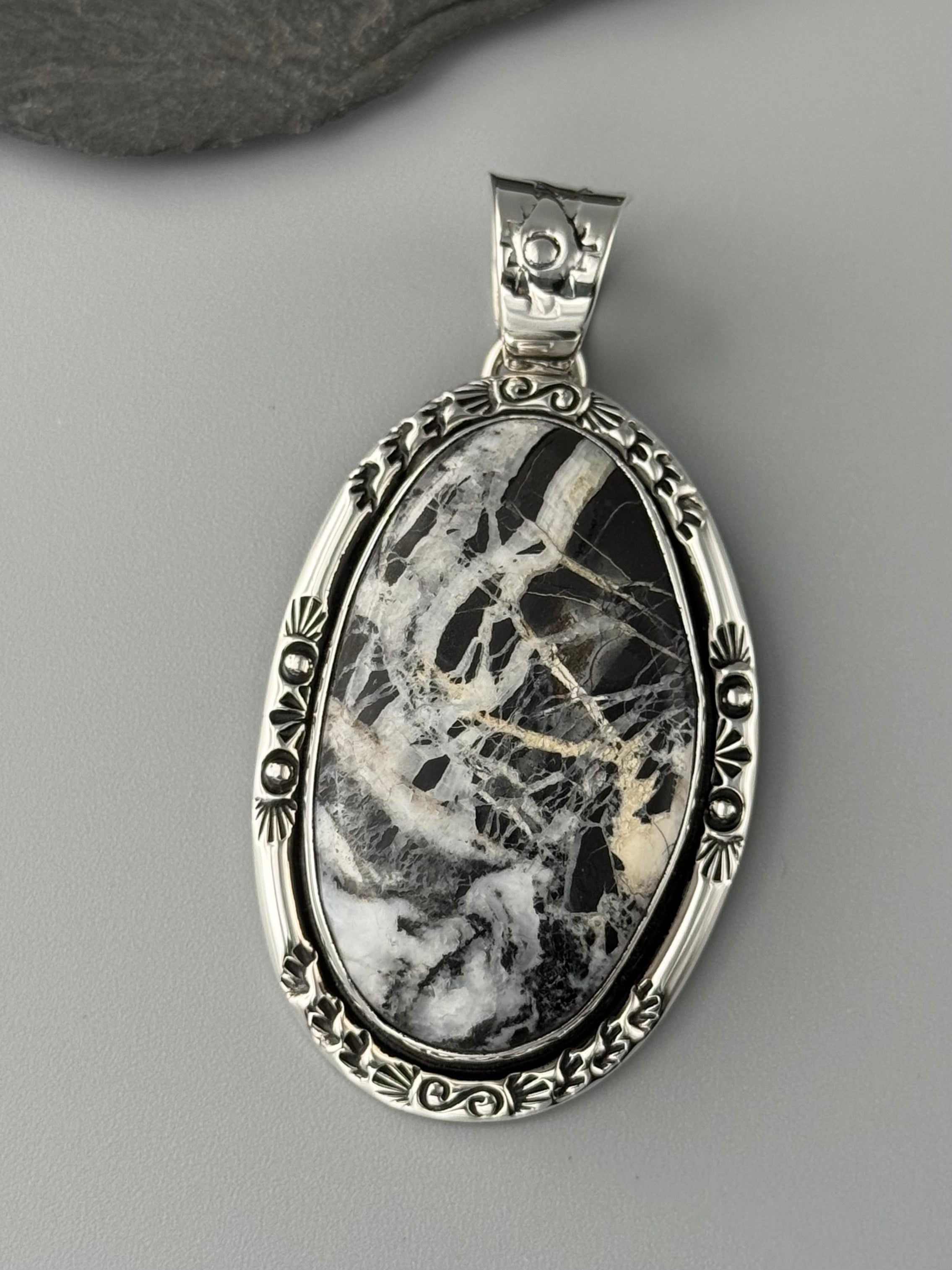 •WHITE BUFFALO TURQUOISE - SUNRAYS• Navajo sterling silver pendant