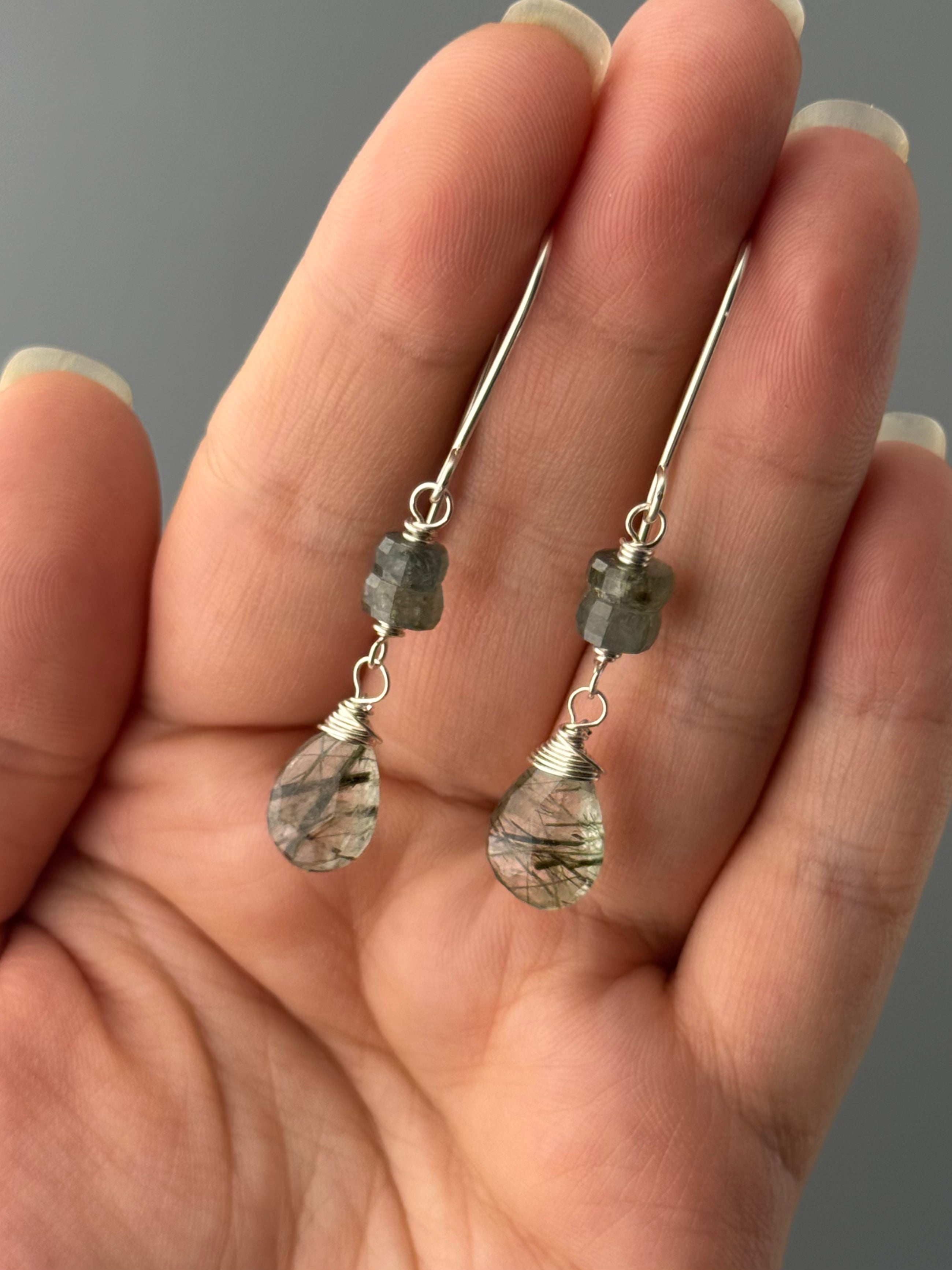 •MOSSY DROP• moss agate + tourmalinated quartz silver dangle earrings