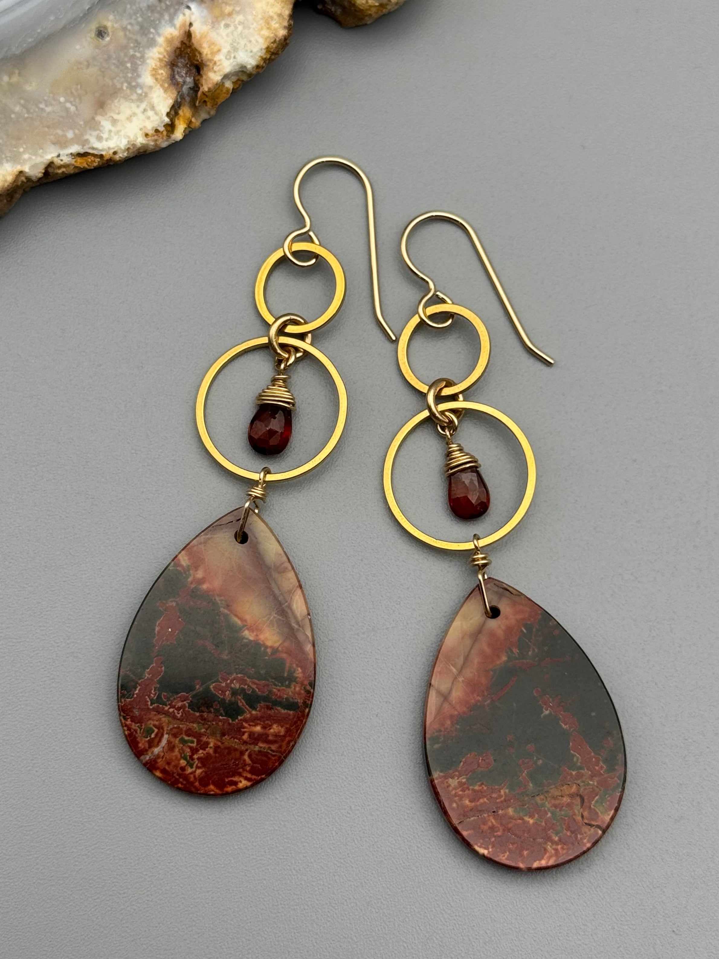 •EQUA-LUNA• hessonite garnet + red creek jasper gold earrings