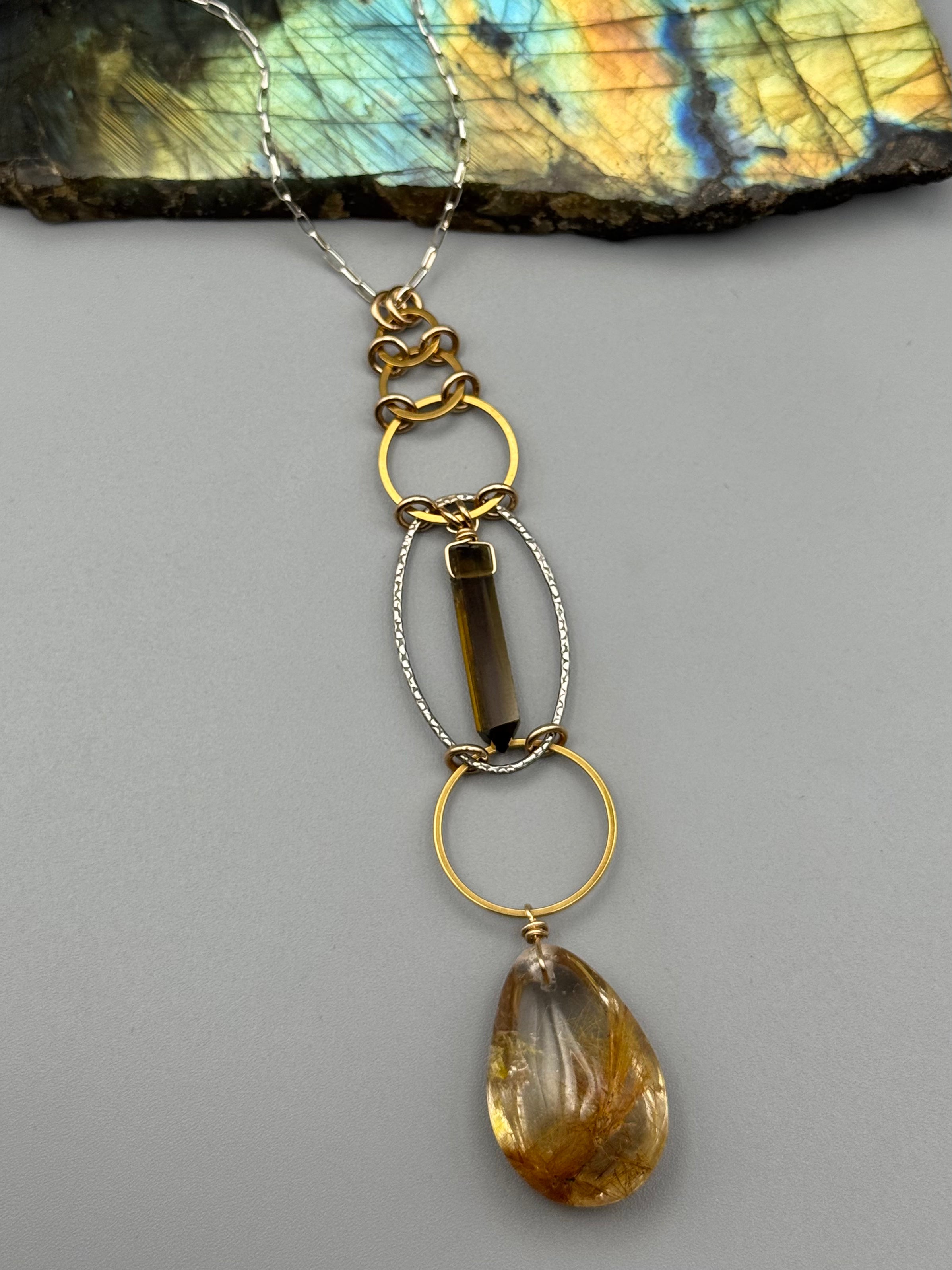 •EOWYN• tourmaline + rutilated quartz mixed metal necklace (26"-28" long)