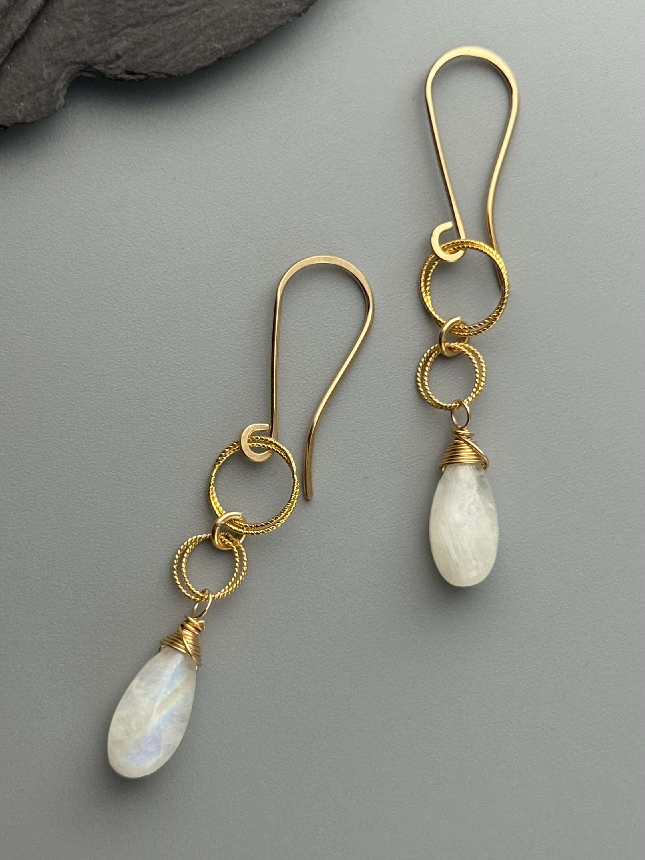 •LINKED DROP• rainbow moonstone + gold dangle earrings