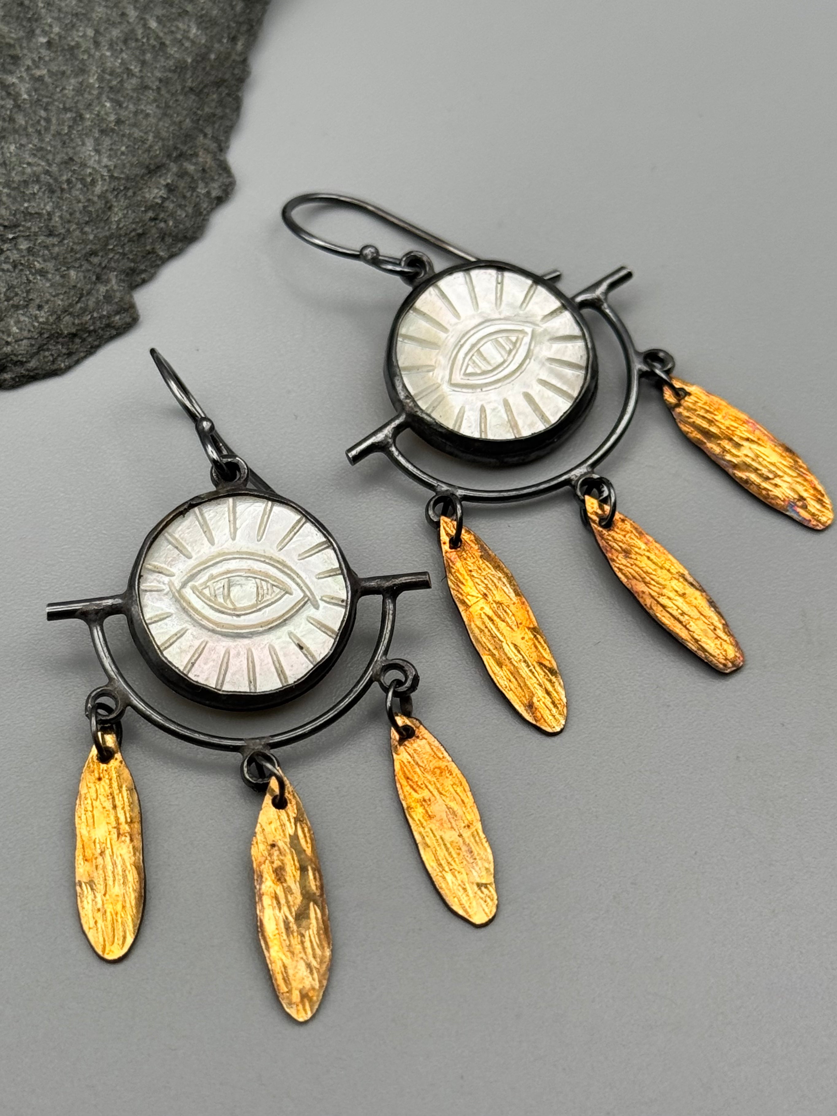 •PROTECTIVE EYE• carved mother of pearl + mixed metal dangle earrings