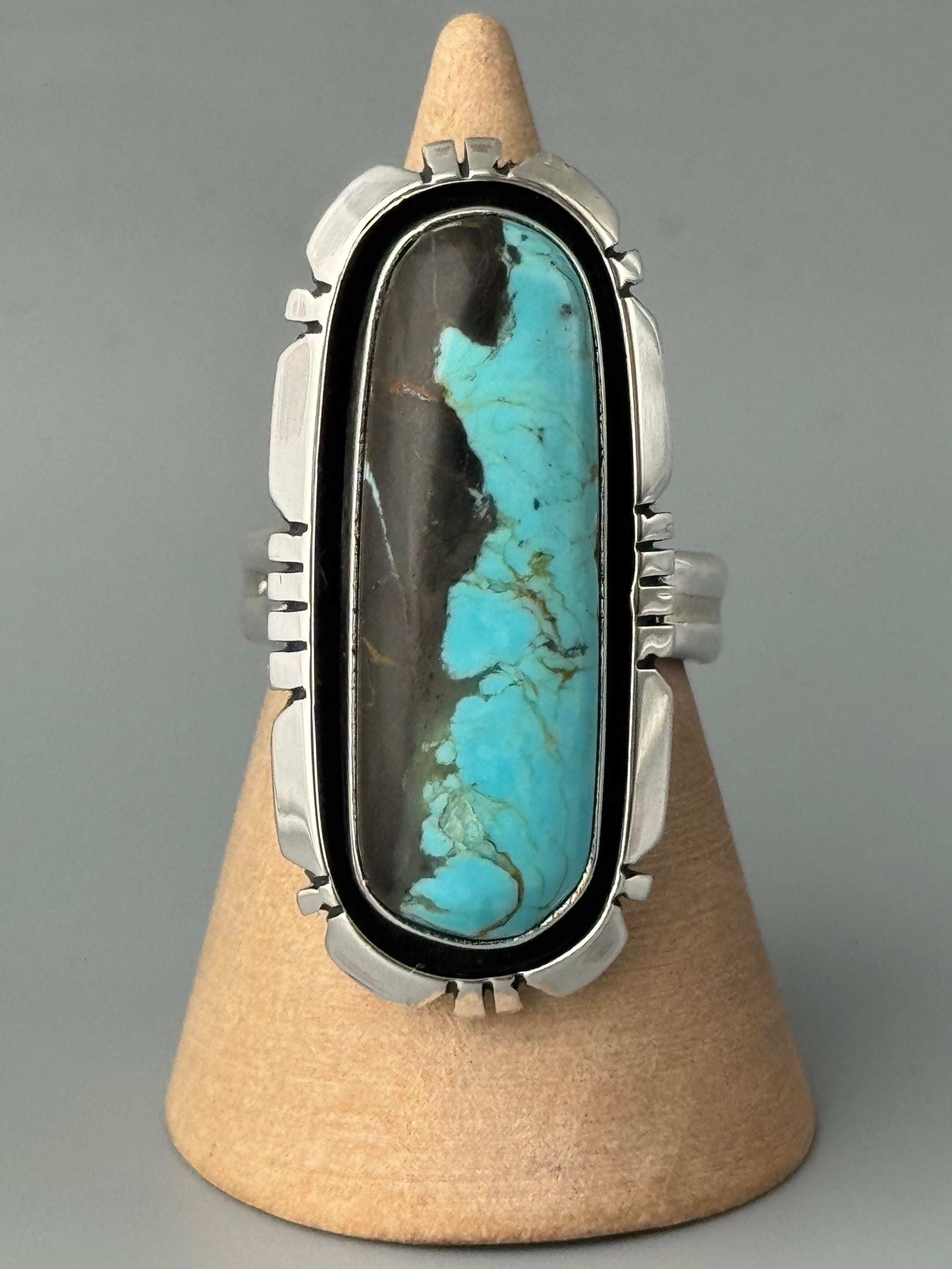 •BLACKJACK TURQUOISE - MOUNTAIN FEATHERS• Navajo adjustable silver ring