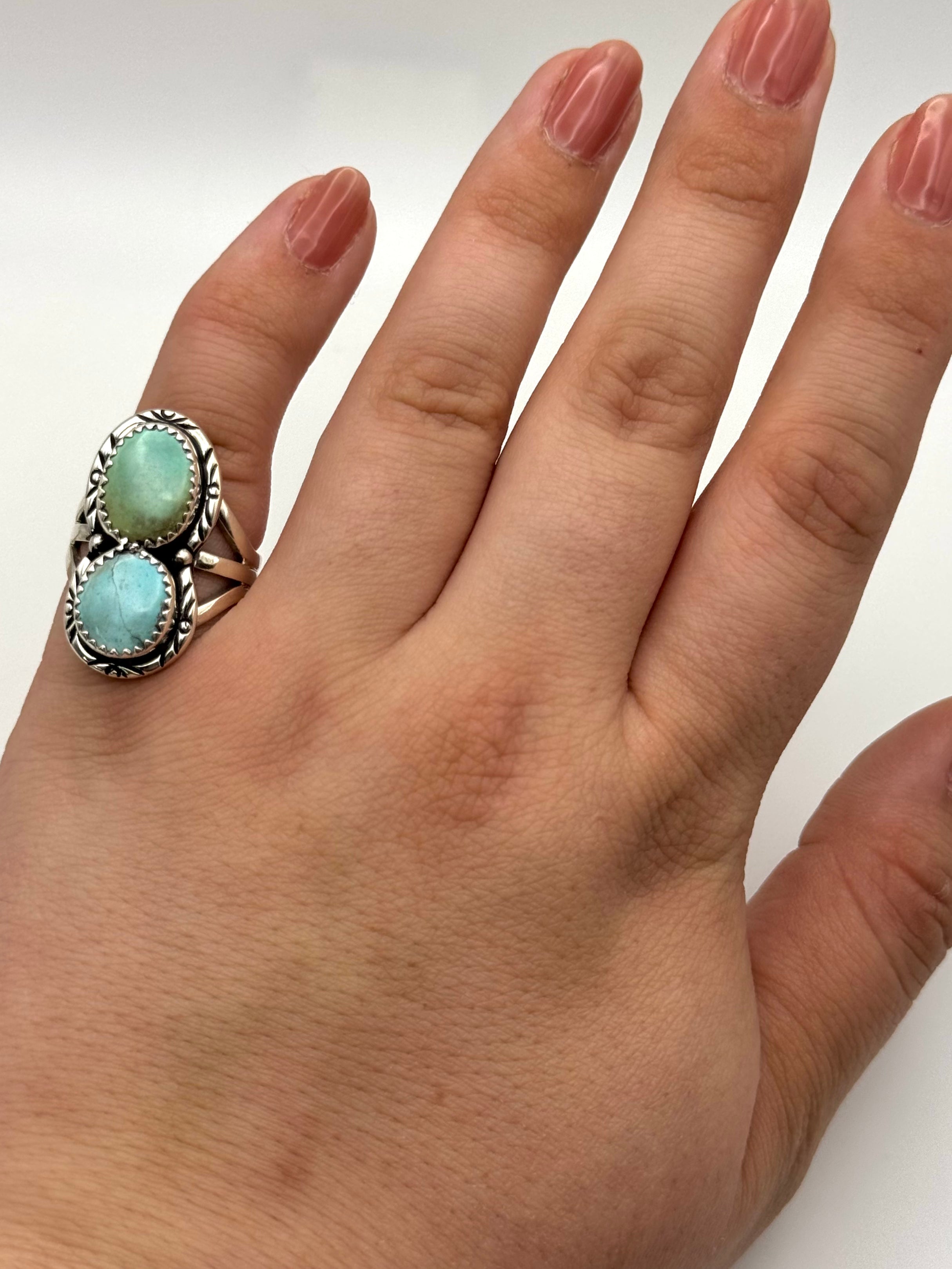 •GOLDEN HILL TURQUOISE - 2• Navajo silver double stone ring (size 6.5)