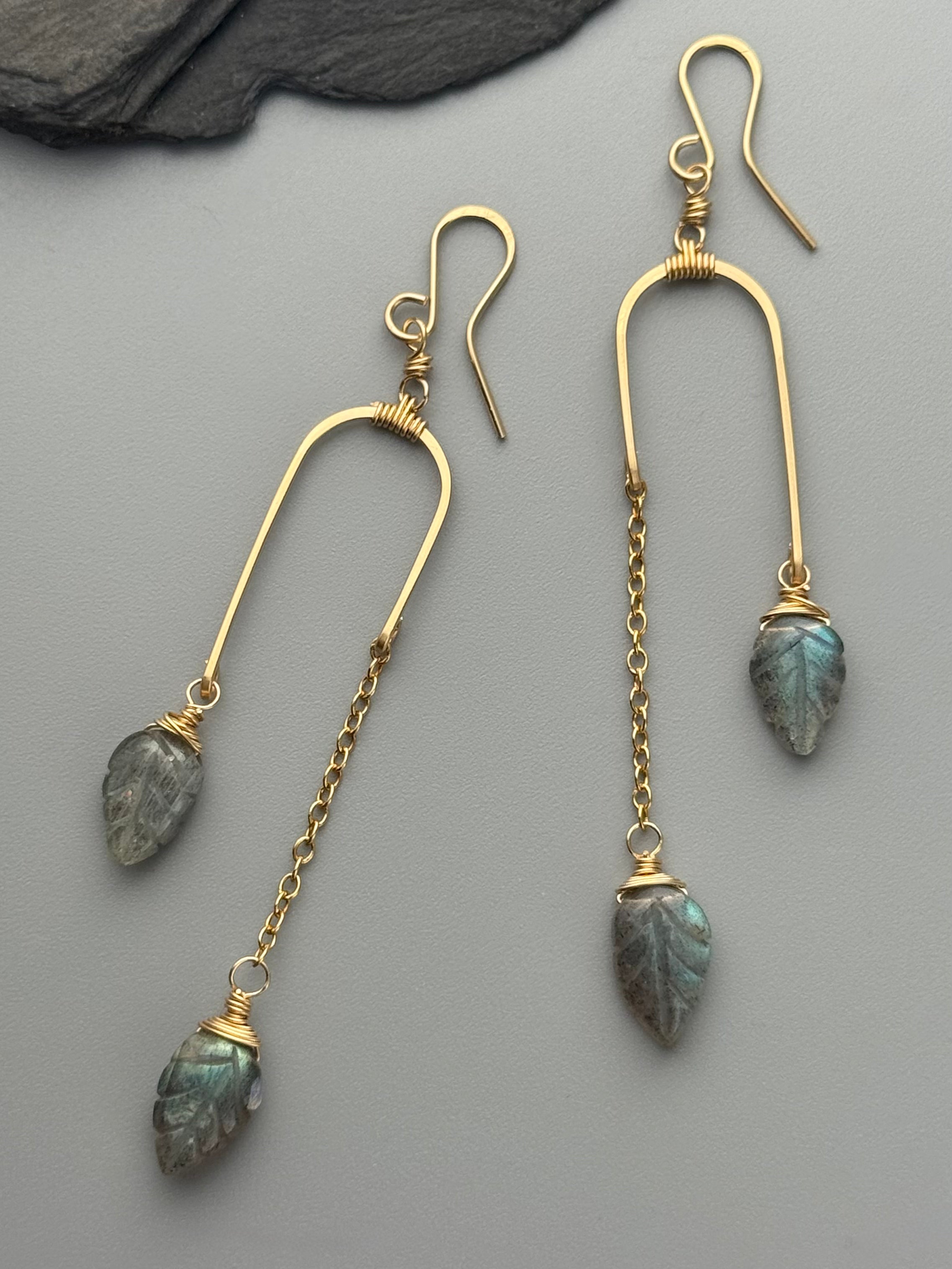 •BALANCING ACT• labradorite leaves + gold dangle earrings