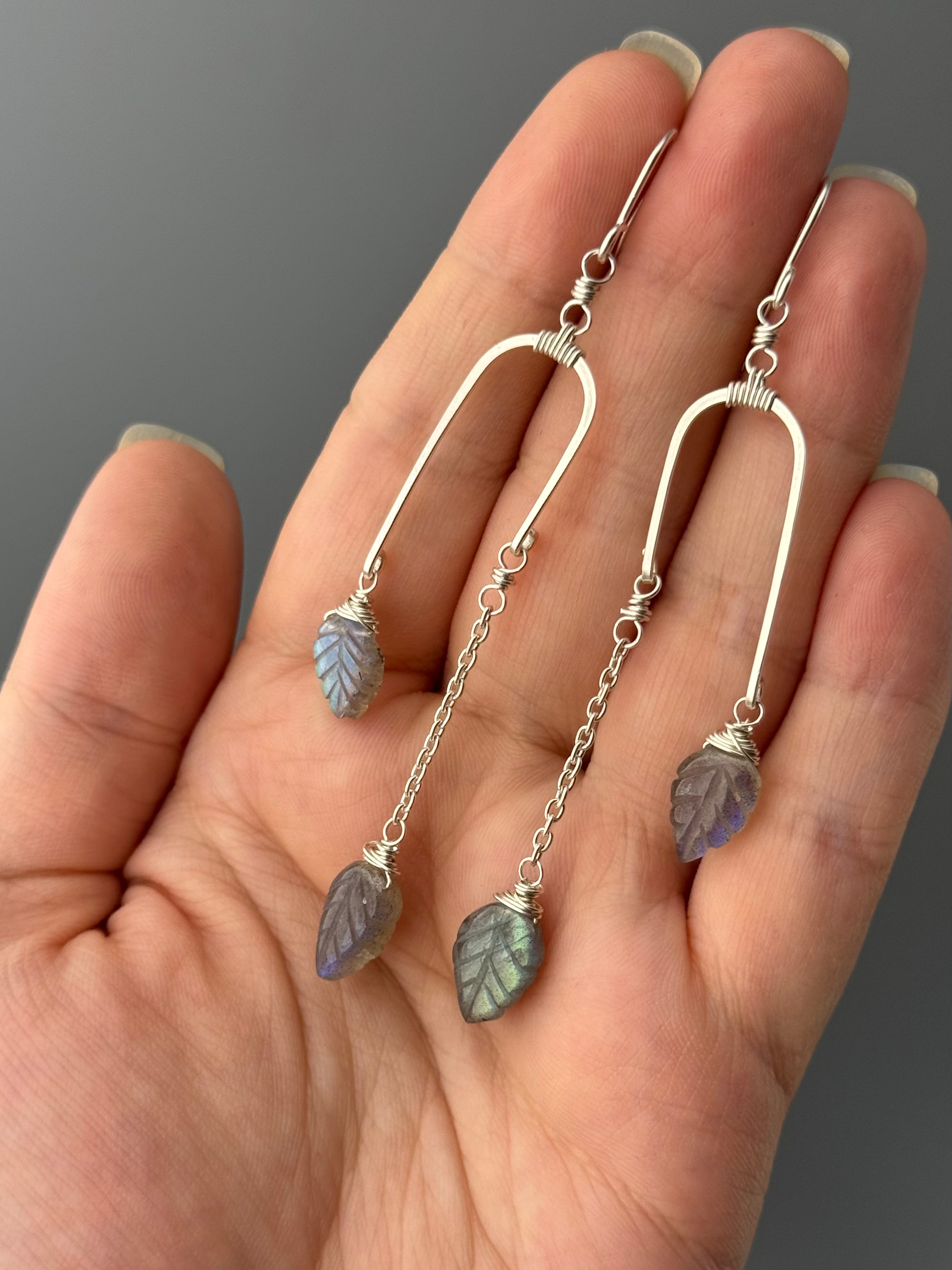•BALANCING ACT• labradorite leaves + silver dangle earrings