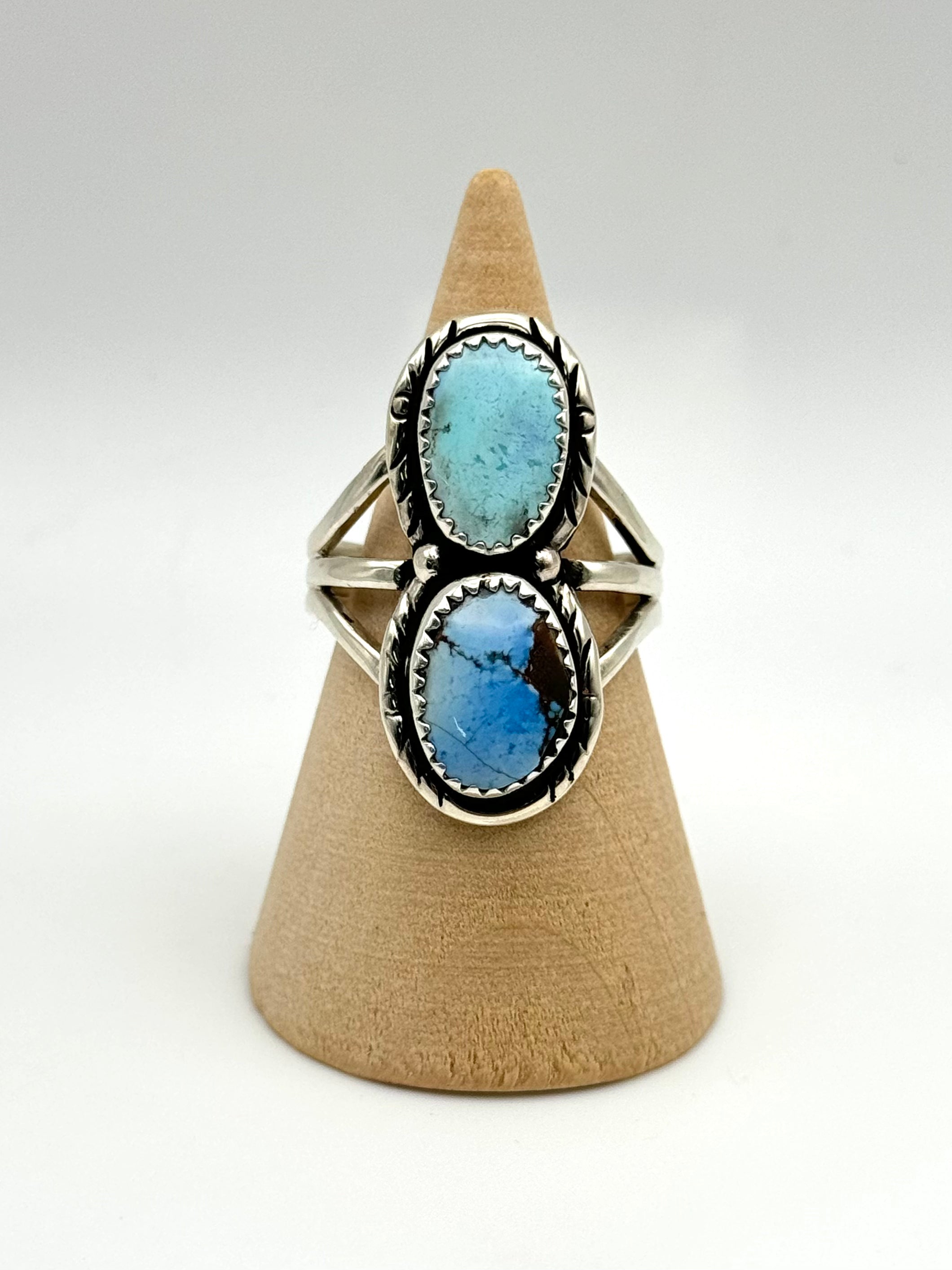 •GOLDEN HILL TURQUOISE - 3• Navajo silver double stone ring (size 9)