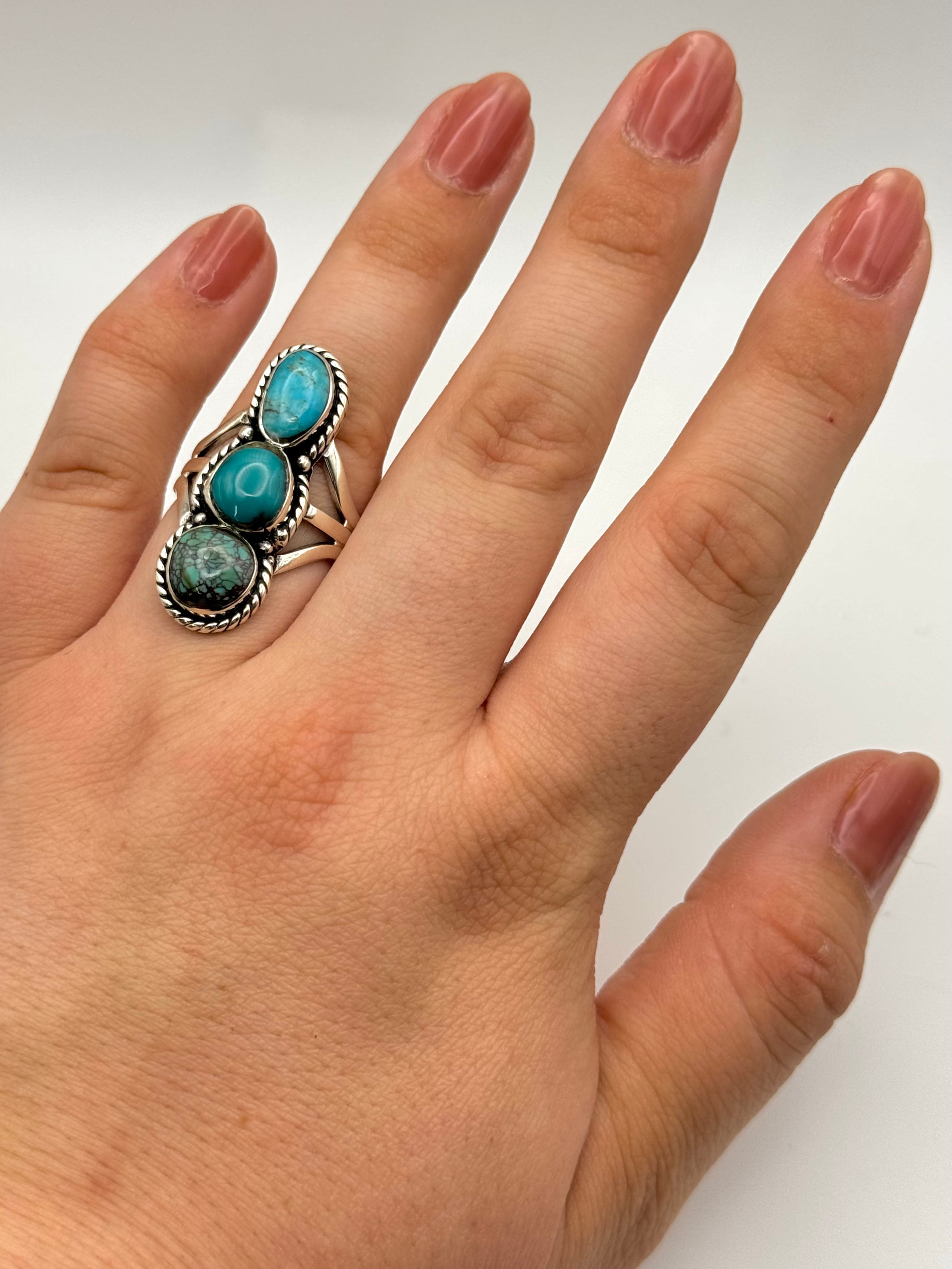 •TURQUOISE• Navajo silver triple stone ring (size 8.25)