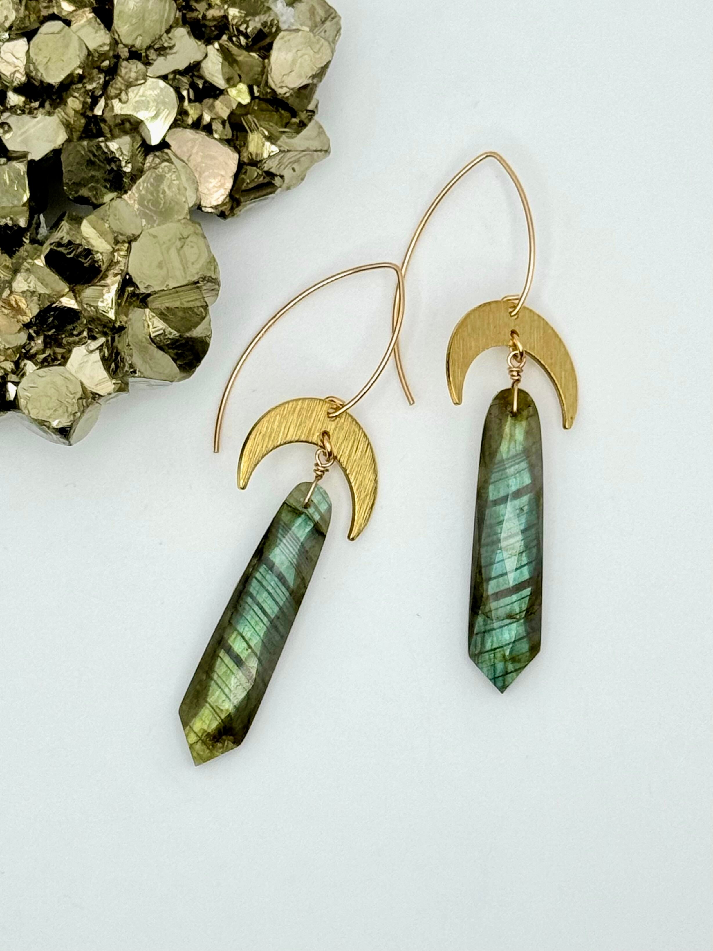 •WAXING CRESCENT• labradorite + gold dangle earrings