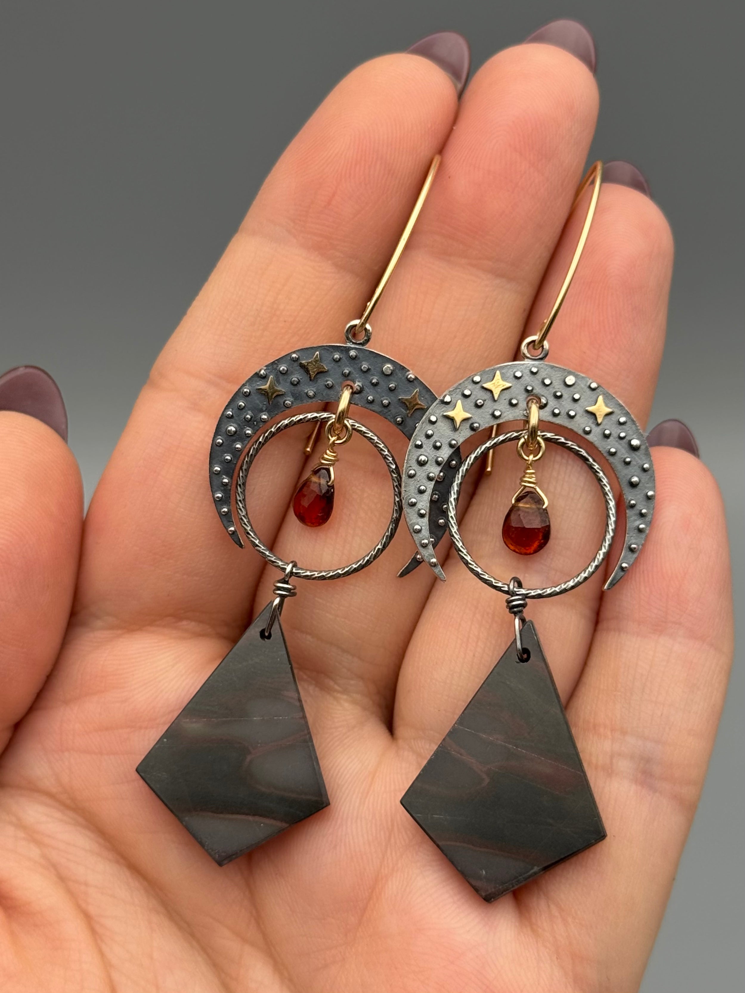 •CELESTIAL LUNA• hessonite garnet + red creek jasper mixed metal earrings