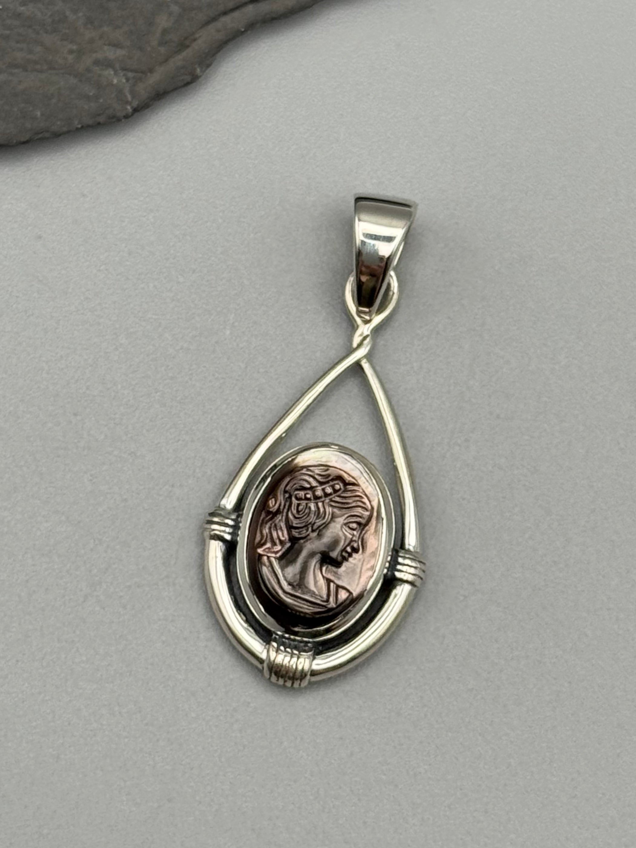 •MOTHER OF PEARL CAMEO - HITCHED - 2• sterling silver pendant
