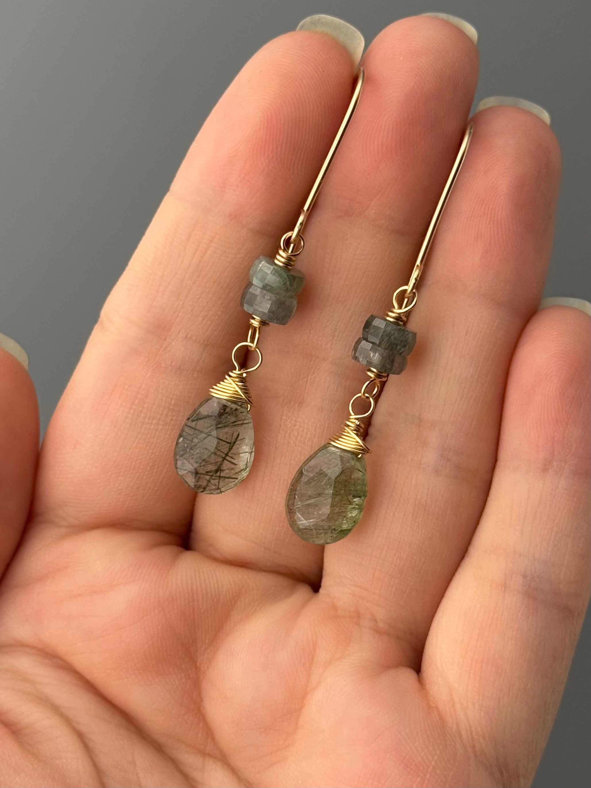 •MOSSY DROP• moss agate + tourmalinated quartz gold dangle earrings