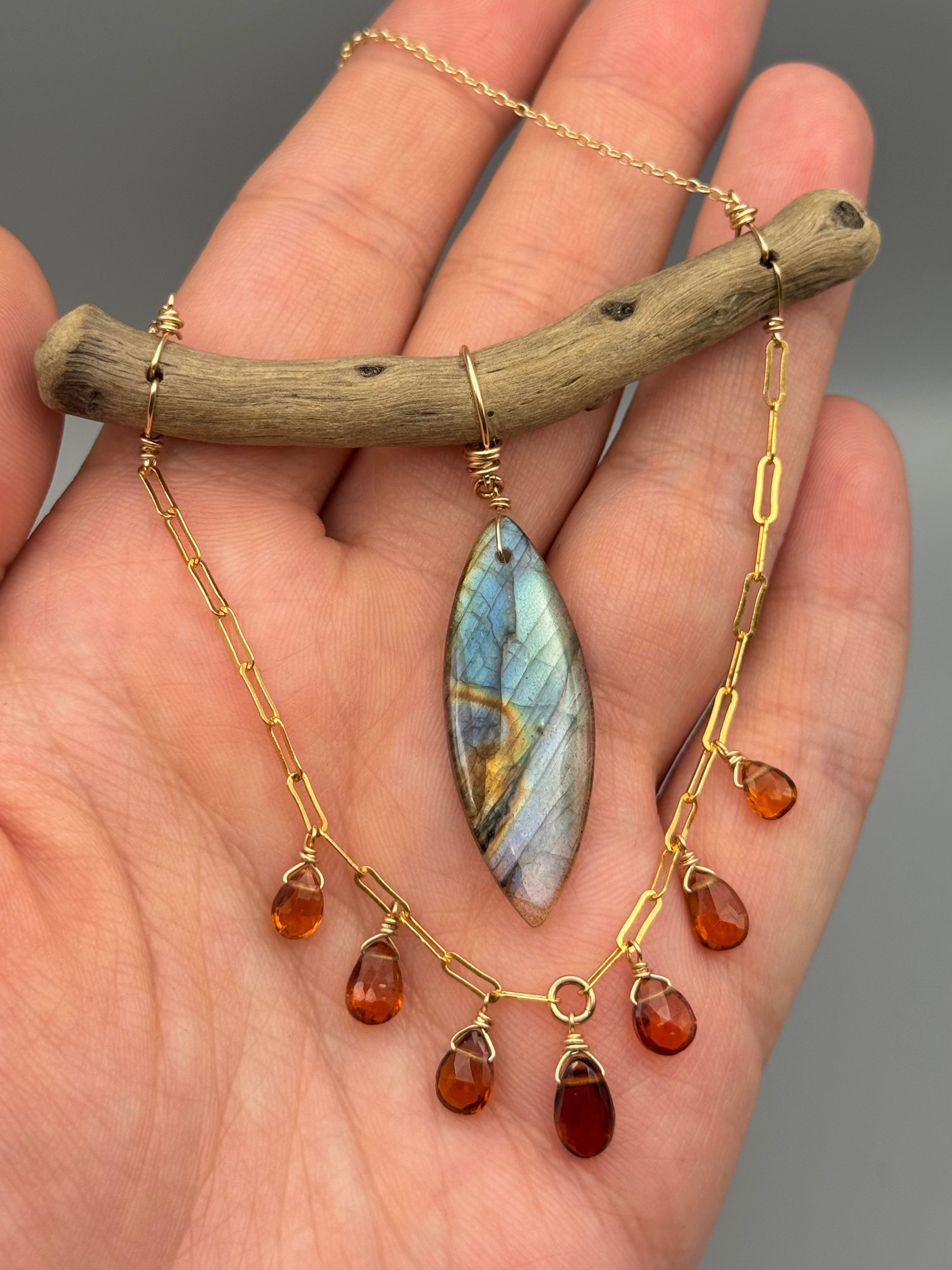•TOTEM• labradorite + hessonite garnet gold necklace (16"-18" long)