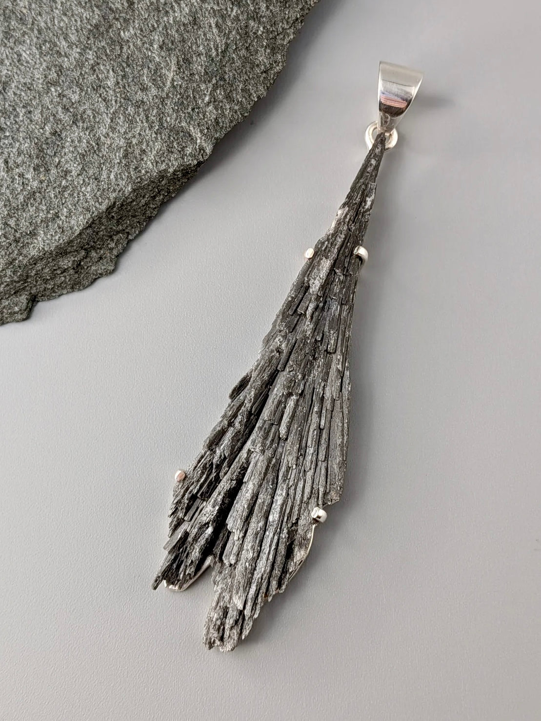•BLACK KYANITE FAN - 2• sterling silver pendant
