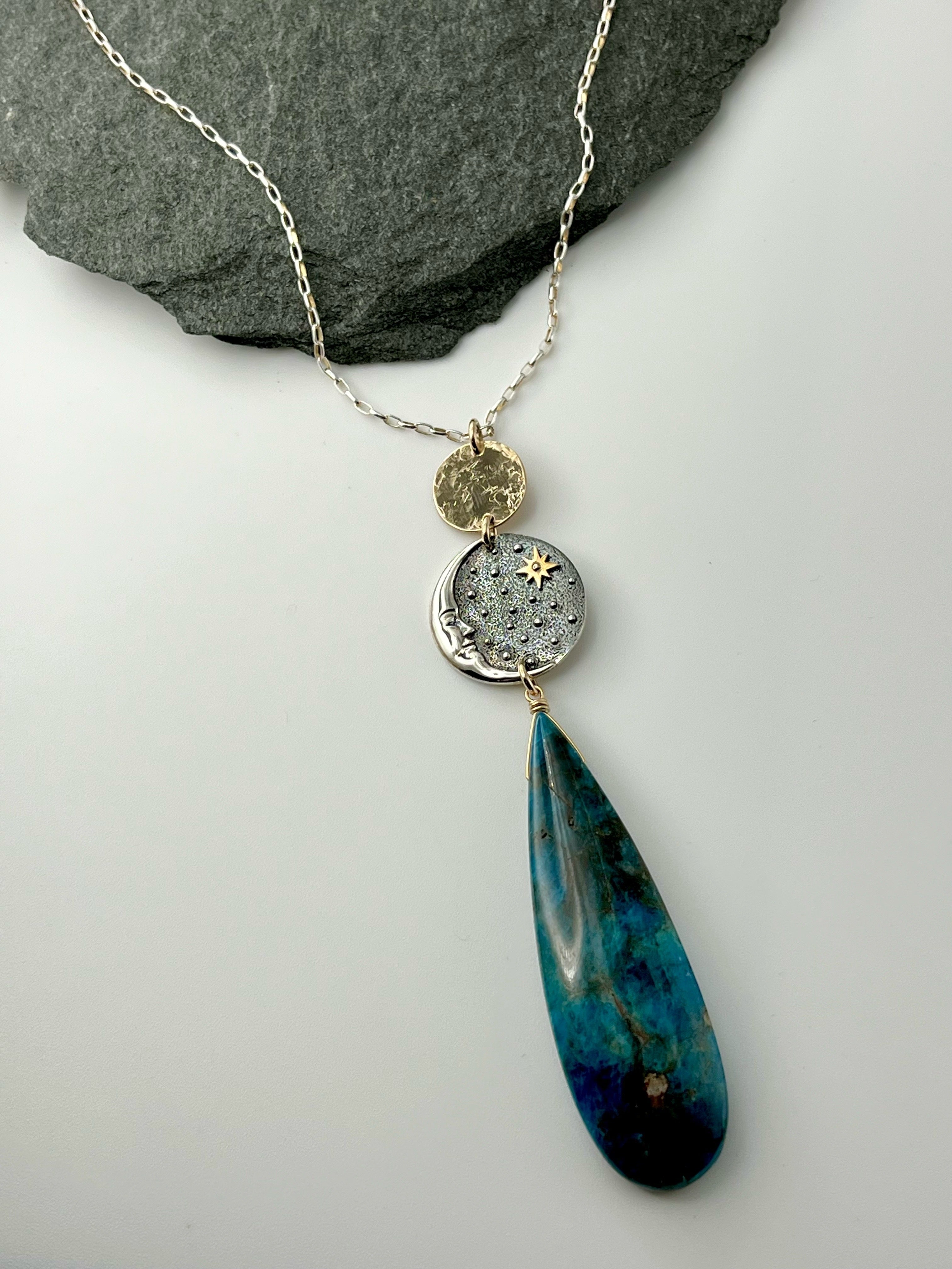 •NYX• apatite + moon coin mixed metal necklace (26"-28" long)