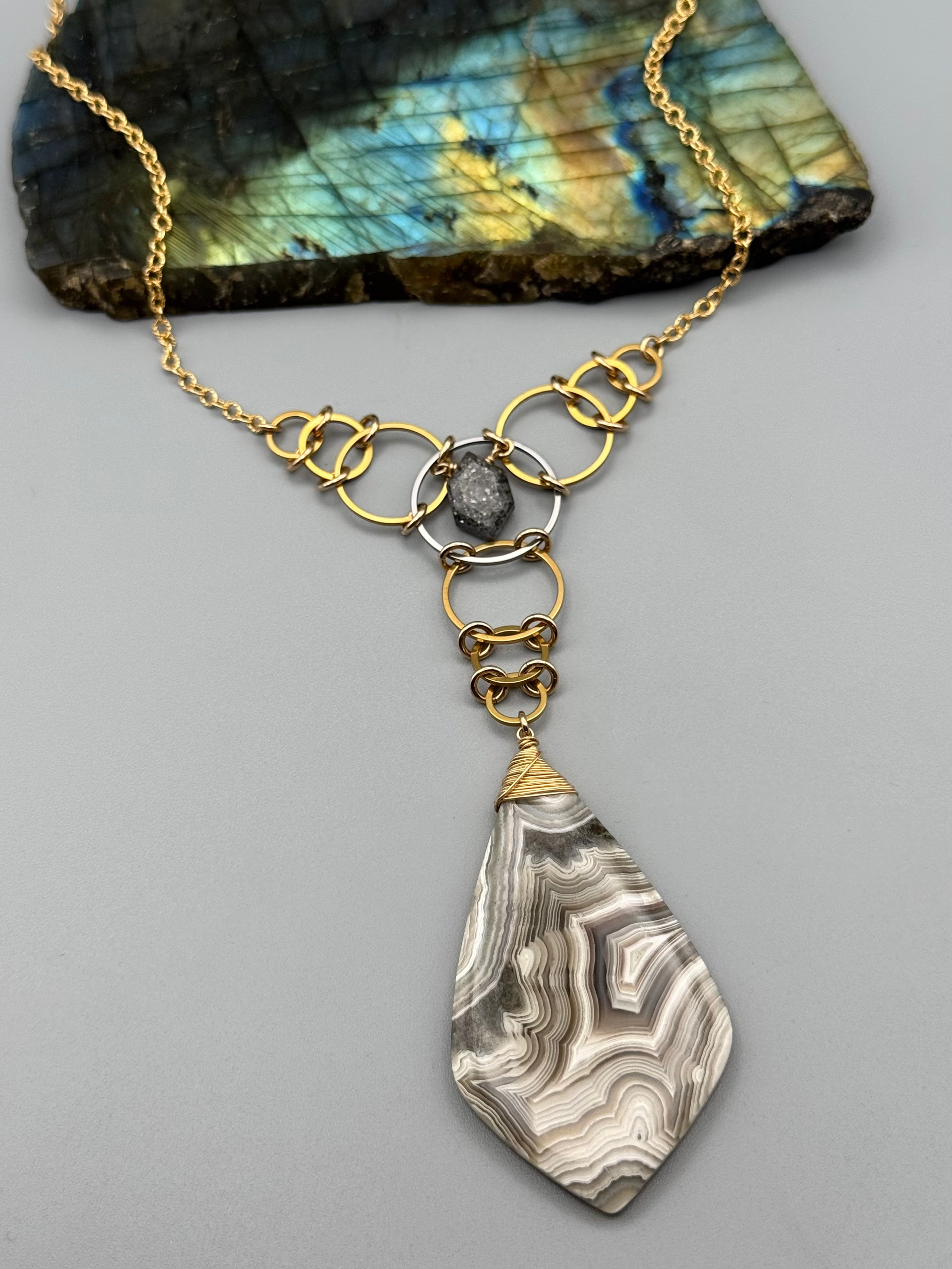 •EOWYN• black aventurine + lace agate mixed metal necklace (17"-19" long)